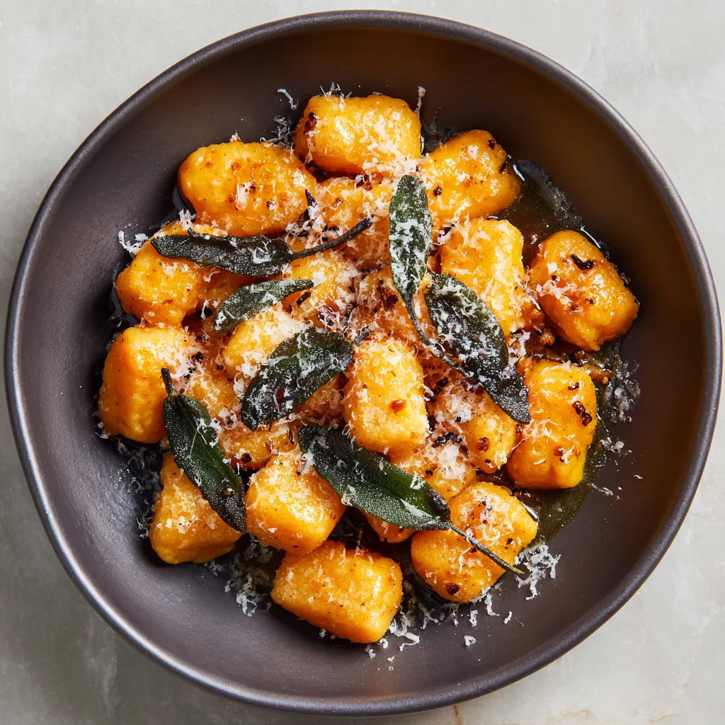 Square, compact pillows of orange-hued gnocchi nestled against the contrast of dark green sage leaves, covered in a glossy and golden brown butter sauce. Topped off with a sprinkle of white, freshly grated parmesan.