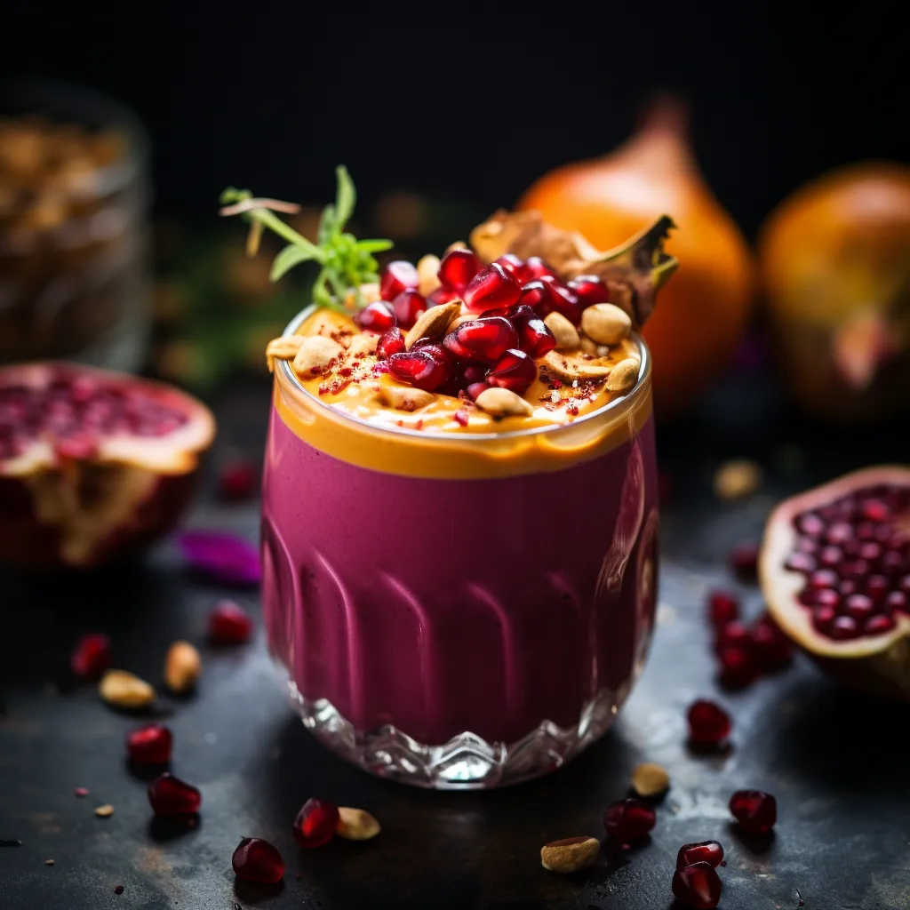 Imagine a carefully poured circular glass showcasing layers of deep burgundy and sumptuous purple hues, contrasted with a creamy, vibrant sweet potato layer. The top layer is dusted with crunchy, crushed pistachios and drizzled with a swirl of glossy honey. Scattered ruby-red pomegranate seeds glisten atop.