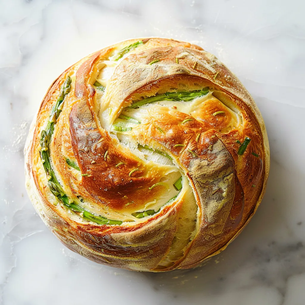 A golden-crusted, rustic round loaf with a perfectly scored 'X' on top. When sliced, a mesmerizing swirl of fresh green from the asparagus peeking through the white and properly airy sourdough texture gives it an organic and gourmet look.