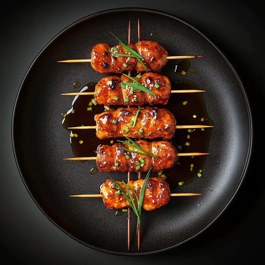 Imagine four perfectly grilled chicken skewers placed in a row on a sleek, dark plate. Each skewer is generously painted with a glossy, rich, dark red Szechuan sauce and crowned with bright green chive leaves. The plate is lightly speckled with drops of golden Chive Infused Oil which casts a vibrant sheen.