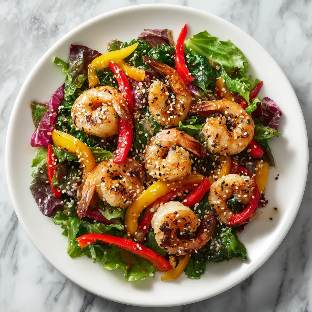 Juicy pink shrimp scattered across a vibrant bed of greens, bell peppers, and a hint of red from the chilies. The whole dish pops against a crisp white plate, topped with a smattering of sesame seeds.
