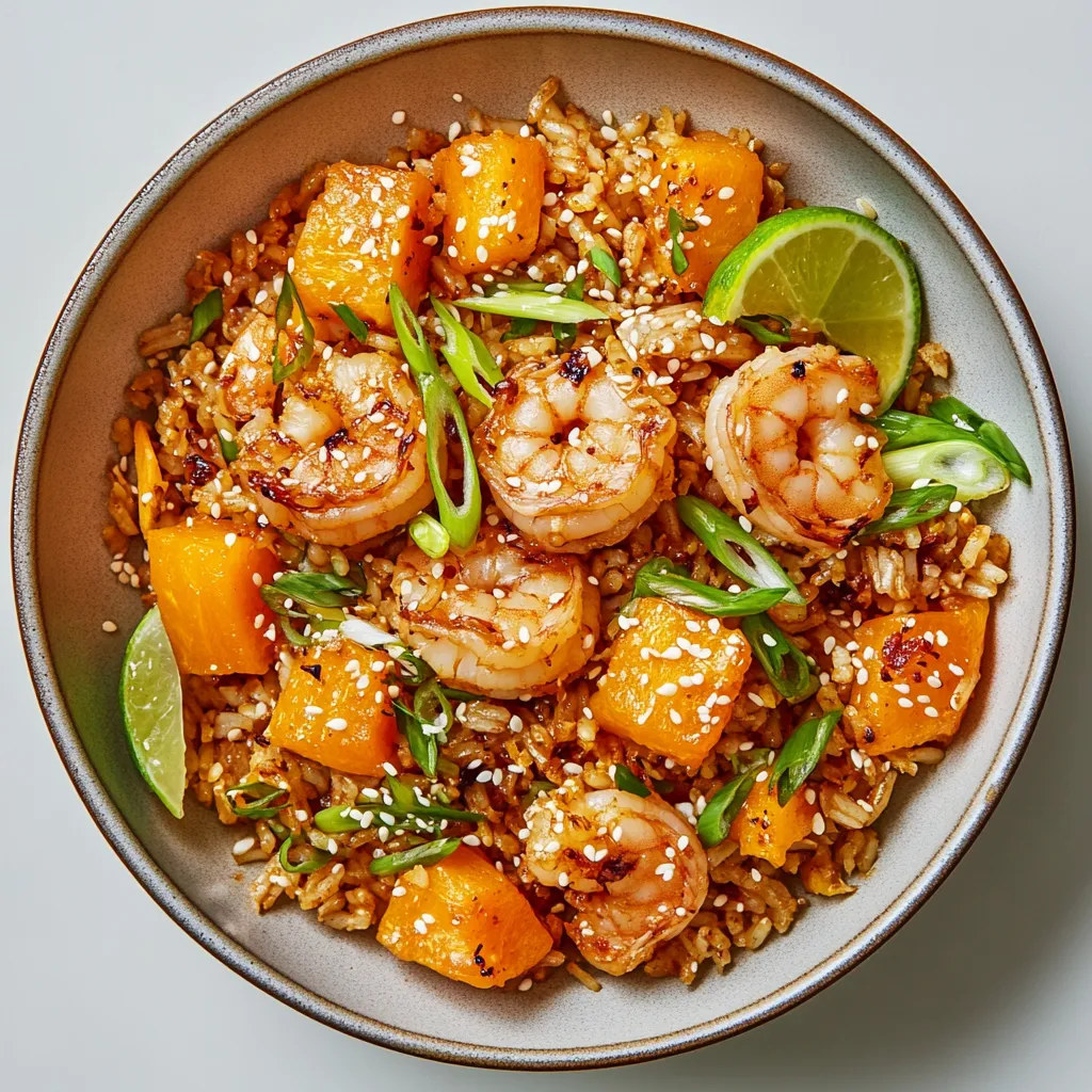 Golden grains of jasmine rice coated in a light, savory sauce intermingled with chunks of vibrant orange squash and plump succulent shrimp, garnished with fresh scallions slices, a sprinkle of sesame seeds and a zest of fresh lime. The dish is plated in an elegant, light colored bowl to contrast with the warm, autumnal colors of the dish.