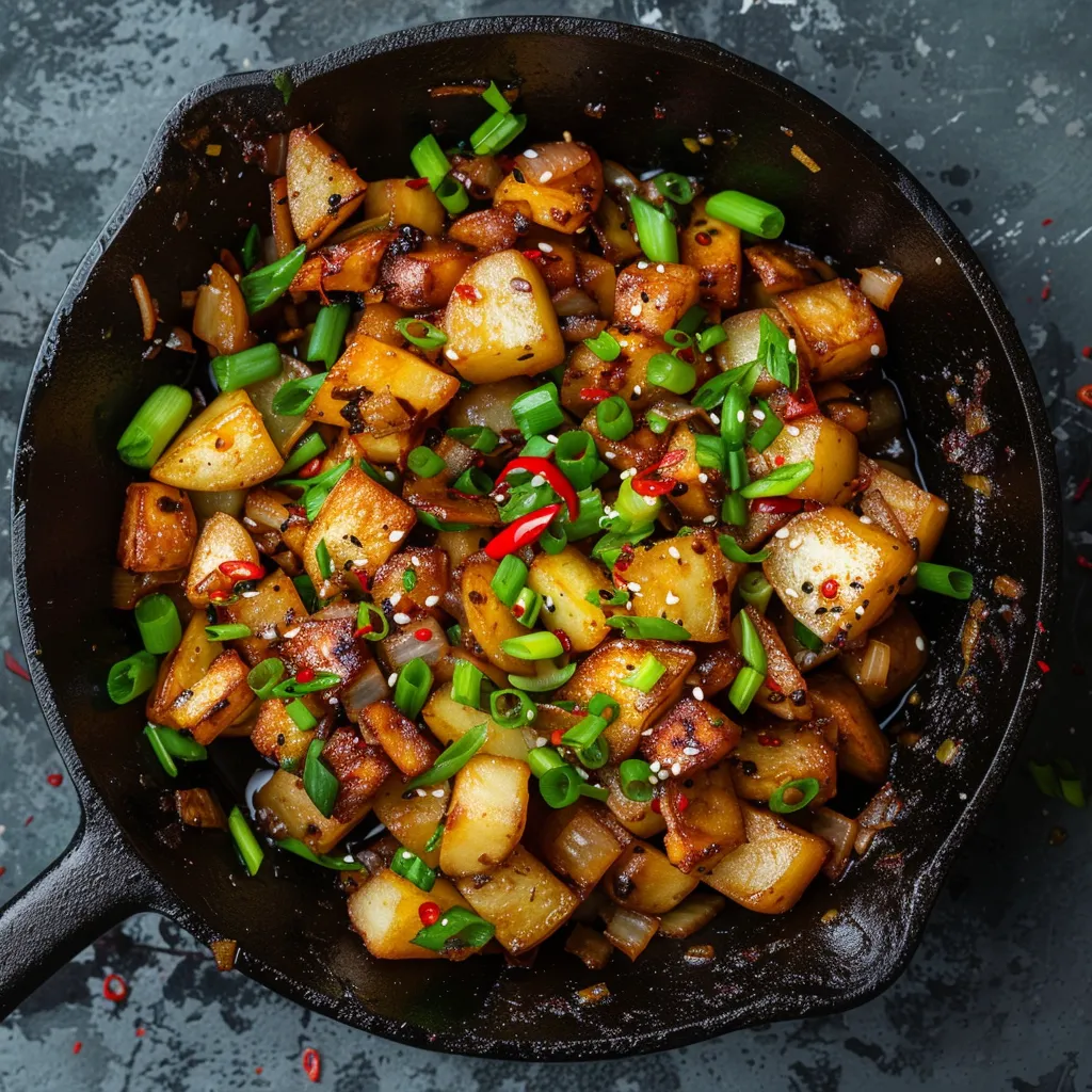 The sight is a vibrant contrast of colors: golden crispy potato shreds generously speckled with red chili flakes, scattered with bright green spring onions and a hint of white sesame. The dish is served in a black cast iron pan that enhances the colors and makes it picturesque.