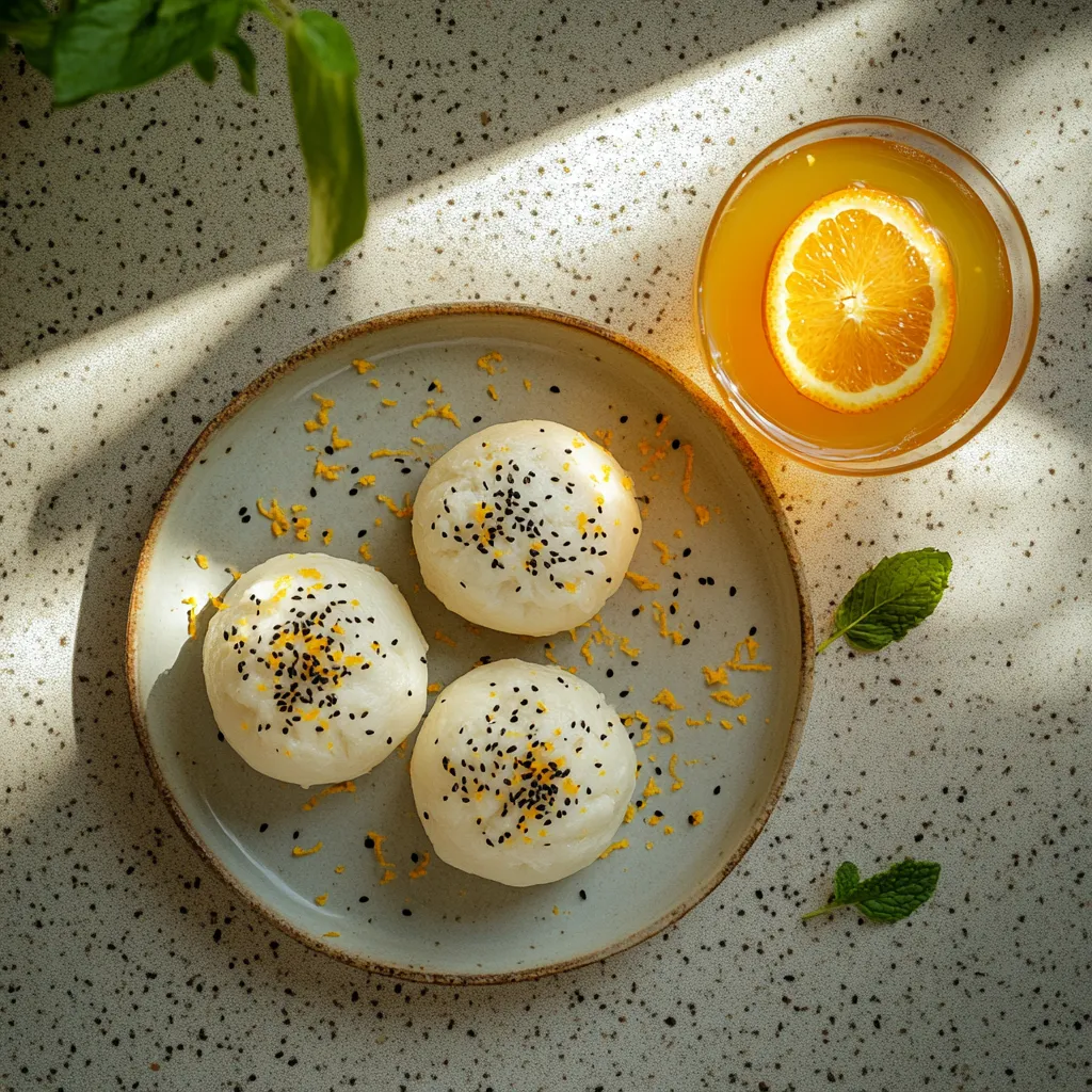 A plate holds four fluffy, snow-white buns dotted with black sesame seeds. Tangerine zest sprinkled over captures a lively pop of color. Beside it, a clear glass cup holds a golden-yellow liquid, a tangerine slice floating atop. A bright green mint leaf completes the vibrant palette.