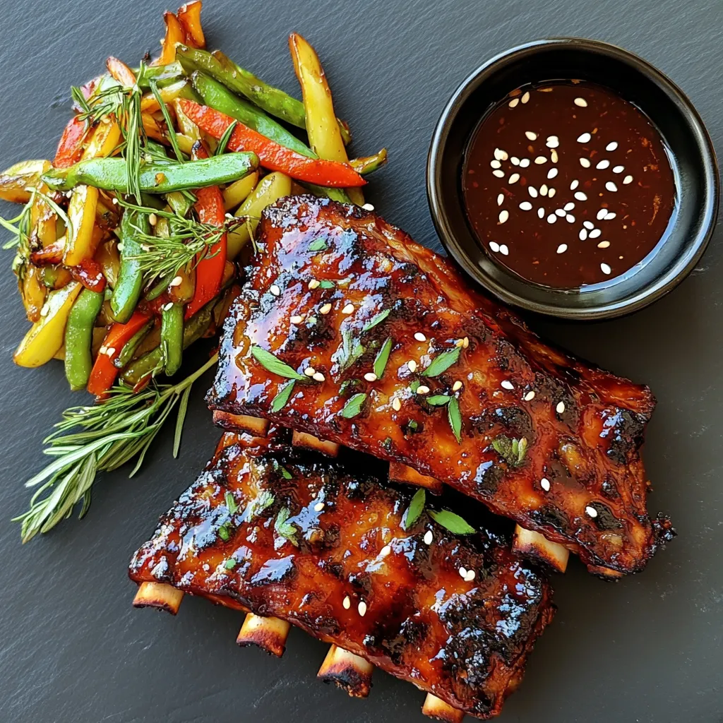 Two glossy, cherry-coloured BBQ ribs stacked diagonally, sprinkled with bright green Tarragon and sesame seeds. A side of vibrant stir-fried vegetables, and a small dipping bowl of succulent Tarragon Hoisin sauce to the side.