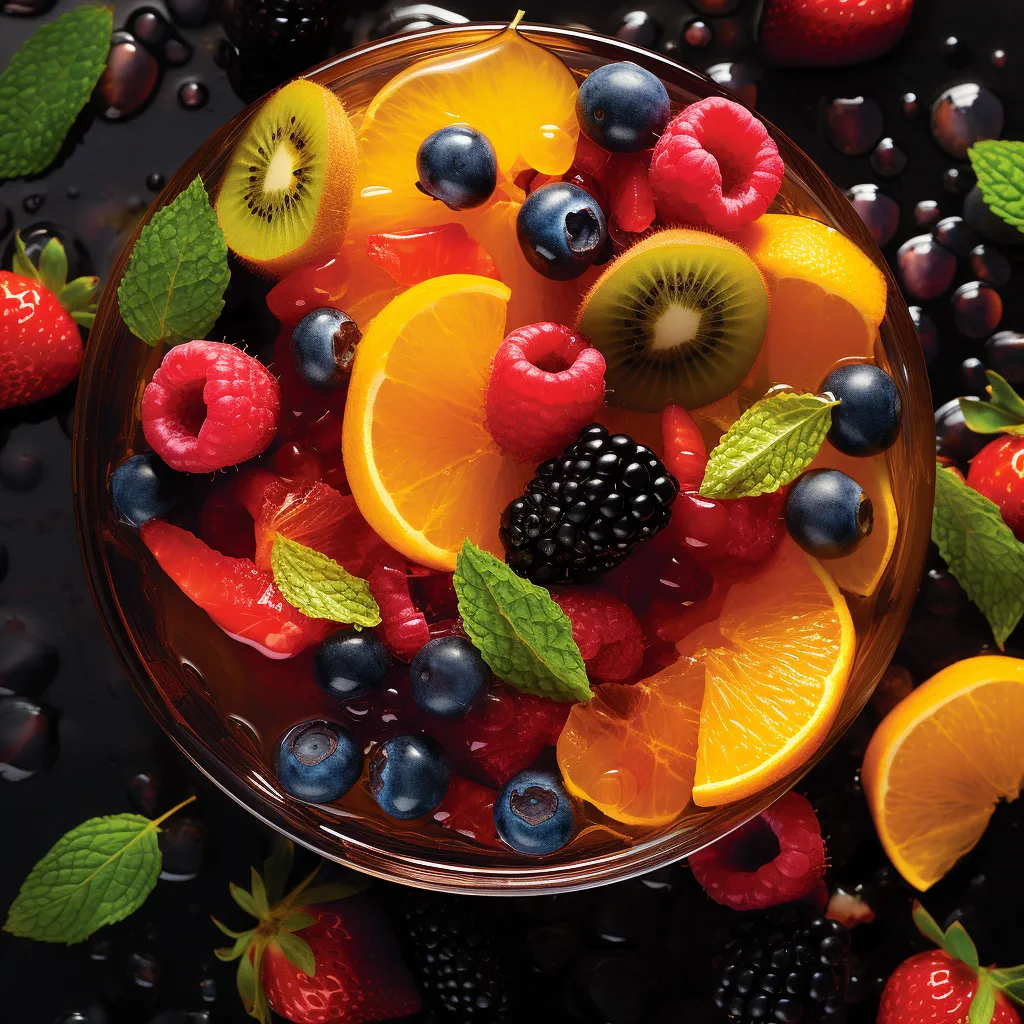 A vibrant assortment of colorful fruits arranged in a beautiful pattern, topped with a drizzle of tea-infused syrup.