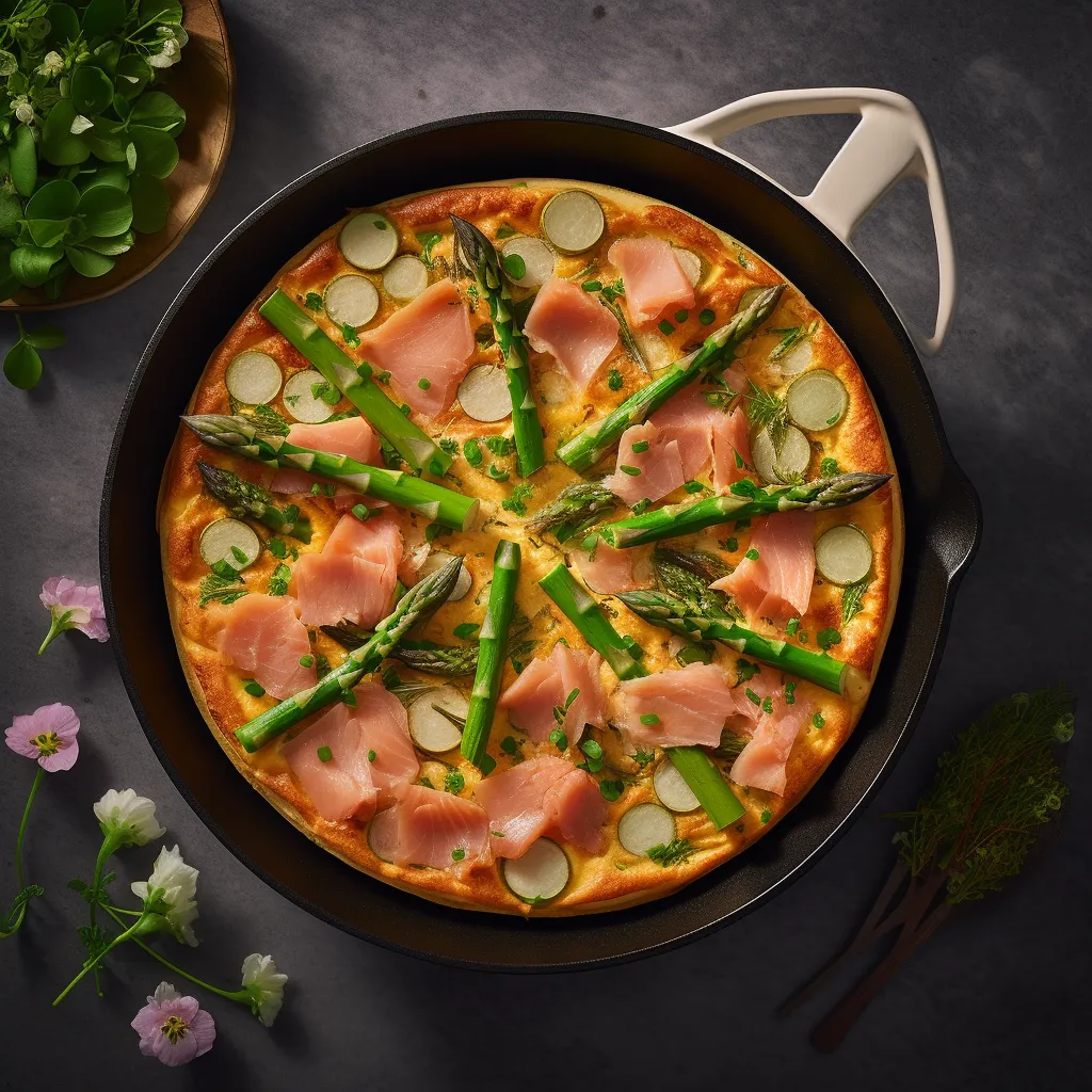 A golden brown frittata with pieces of pink tea-smoked salmon, asparagus spears and snow peas decorating the top.