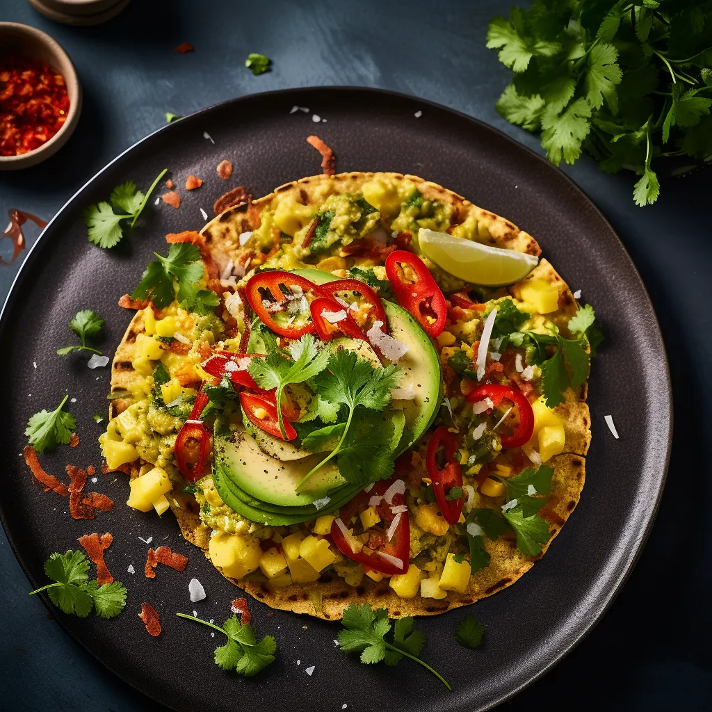 From above, you'll see the golden-brown crispy tortilla base, loaded with soft scrambled eggs with a hint of yellow and the bright green leeks sauteed to perfection. Red from the salsa strikes a bold contrast, while avocado slices are arranged in a half-moon shape, with a sprinkling of silver queso fresco to finish the dish.
