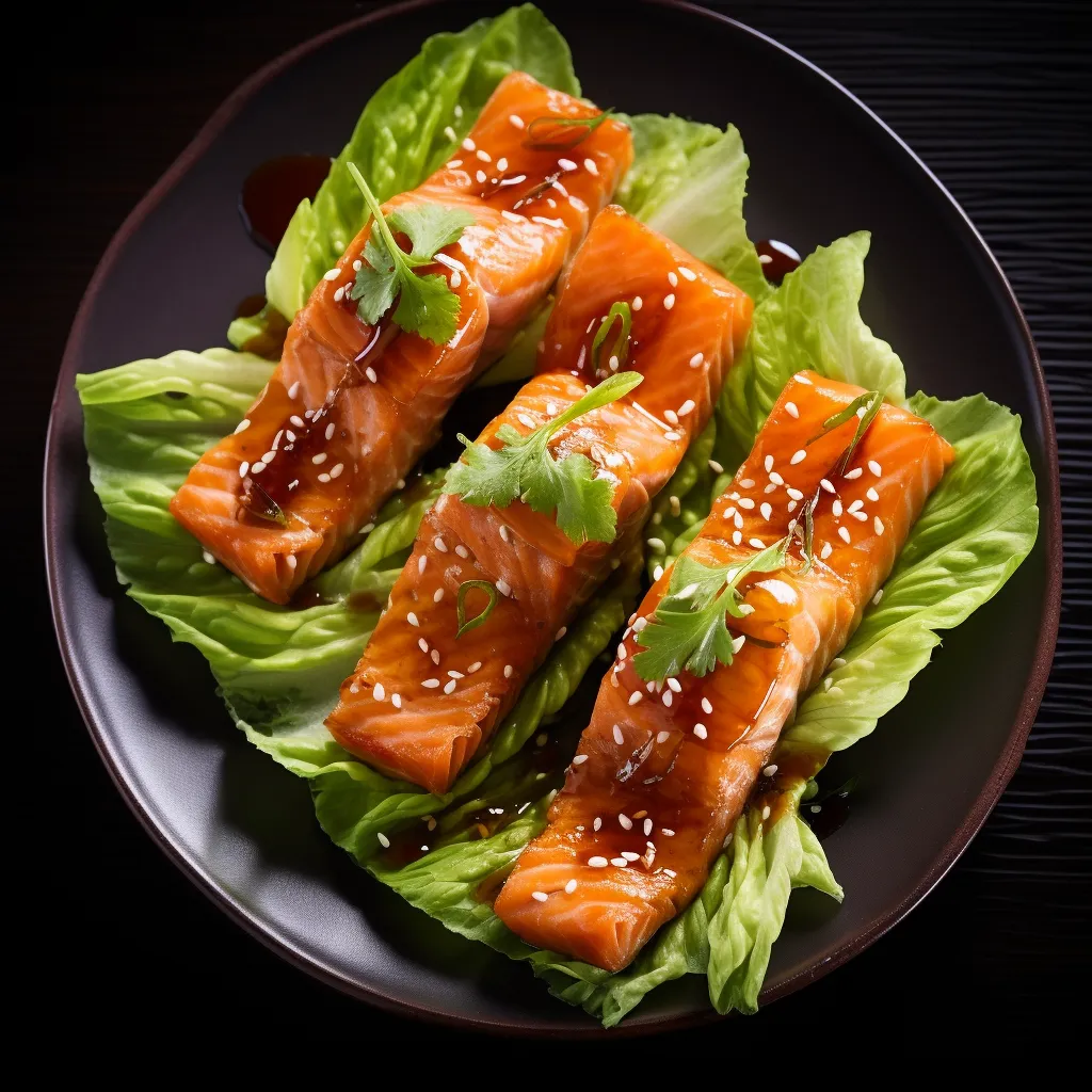 Golden caramelized Salmon rests in the heart of a vibrant green lettuce leaf, garnished with a sprinkle of sesame seeds, julienned carrots and finely sliced scallions. The juicy salmon contrasts beautifully with the crisp lettuce, making for an 'almost too pretty to eat' visually stunning treat.