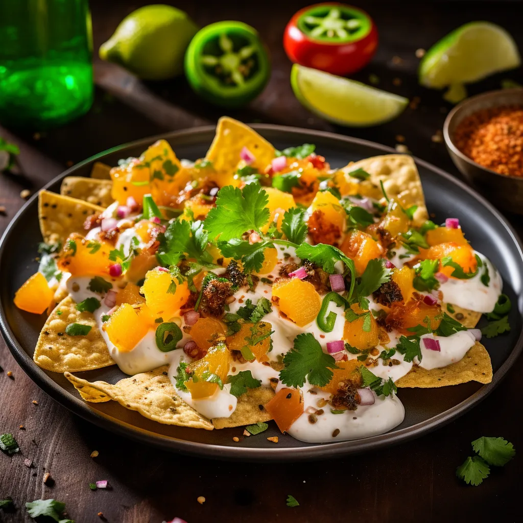 A vibrant, crowd-pleasing array of crispy mini tortilla chips, all smothered in a flavorful sunset-colored clementine salsa, specks of green cilantro, melty cheese, and topped with a dollop of creamy, cool sour cream. A dusting of chili powder adds a pop of color.
