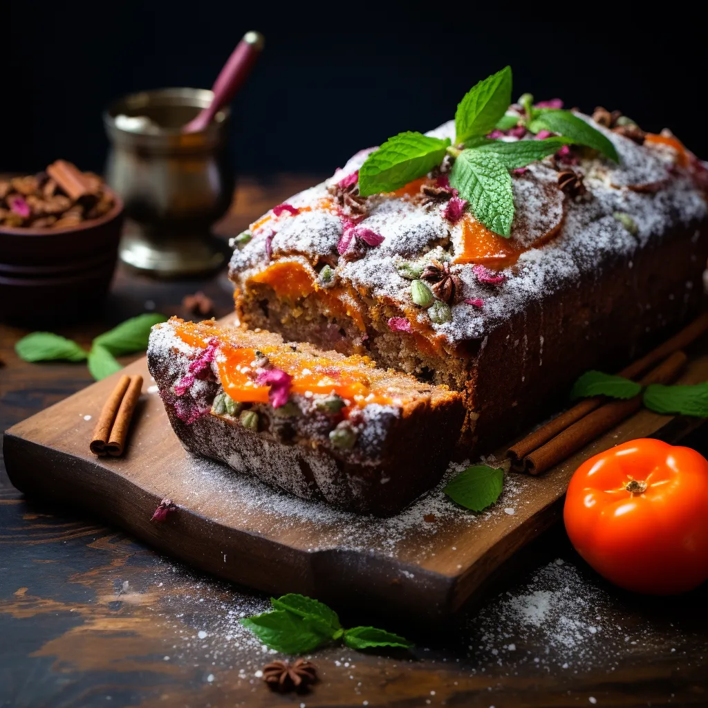 A thick slice of golden brown bread dotted with chunks of jewel-toned persimmons and toasted pecans. Served on a warm wooden plate, accompanied by a dusting of powdered sugar suggesting freshly fallen snow and a sprig of mint giving a pop of vibrant green.