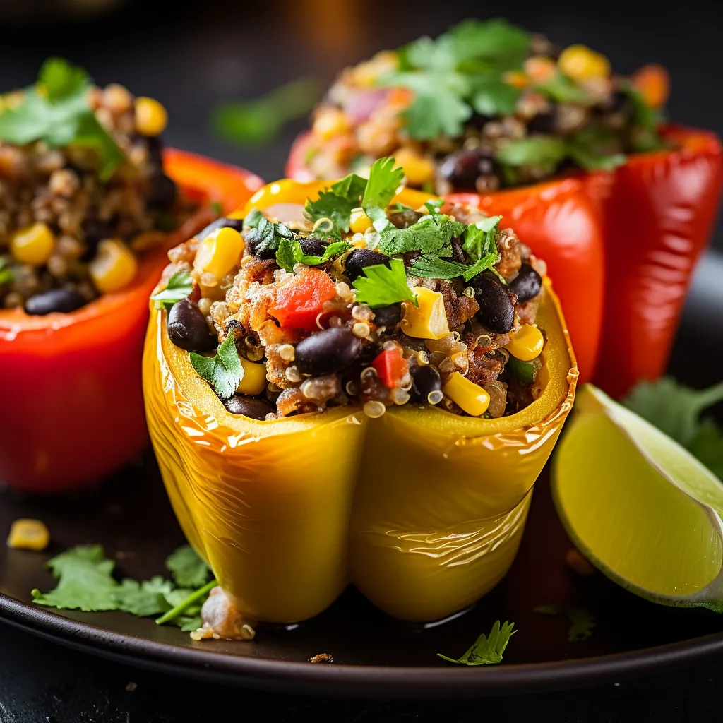 A pair of bright bell peppers, split in half, reveal a hearty filling of rich quinoa, speckled with black beans and corn. The fresh green of chopped cilantro and chunks of avocado against the red, orange, and green pepper shells create the feeling of a festive Tex-Mex celebration. The dish is topped with ruby-red pomegranate seeds, glistening like little jewels, for an added pop of color and texture.