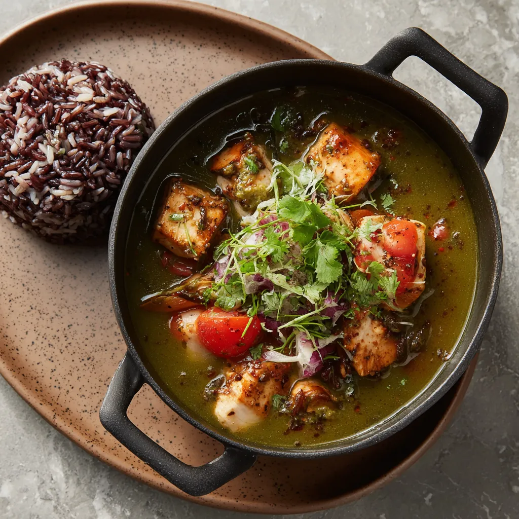 Freshly caught seafood under a glaze of muted green succulent tomatillo sauce served in a rustic cast iron pot. Ruby-red chunks of tomato and ribbons of cilantro create a visually appealing contrast. The side, a scoop of wild rice, rounds the presentation, all on a matte speckled dinnerware set.