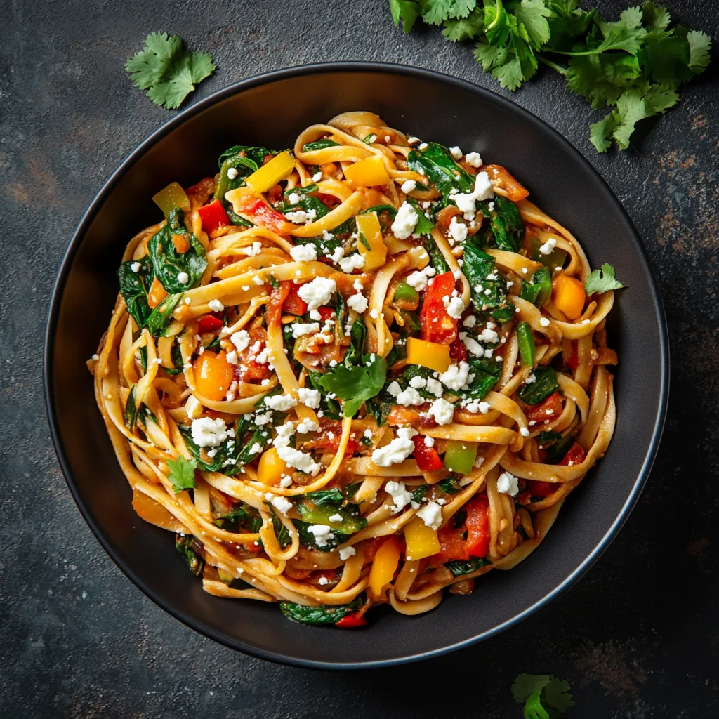 Hearty strands of linguine mingle with vibrant green spinach leaves and a sprinkling of crumbled feta cheese, set against a backdrop of spicy tomato sauce and a medley of red, yellow, and green bell peppers. Garnished with a sprig of fresh cilantro.