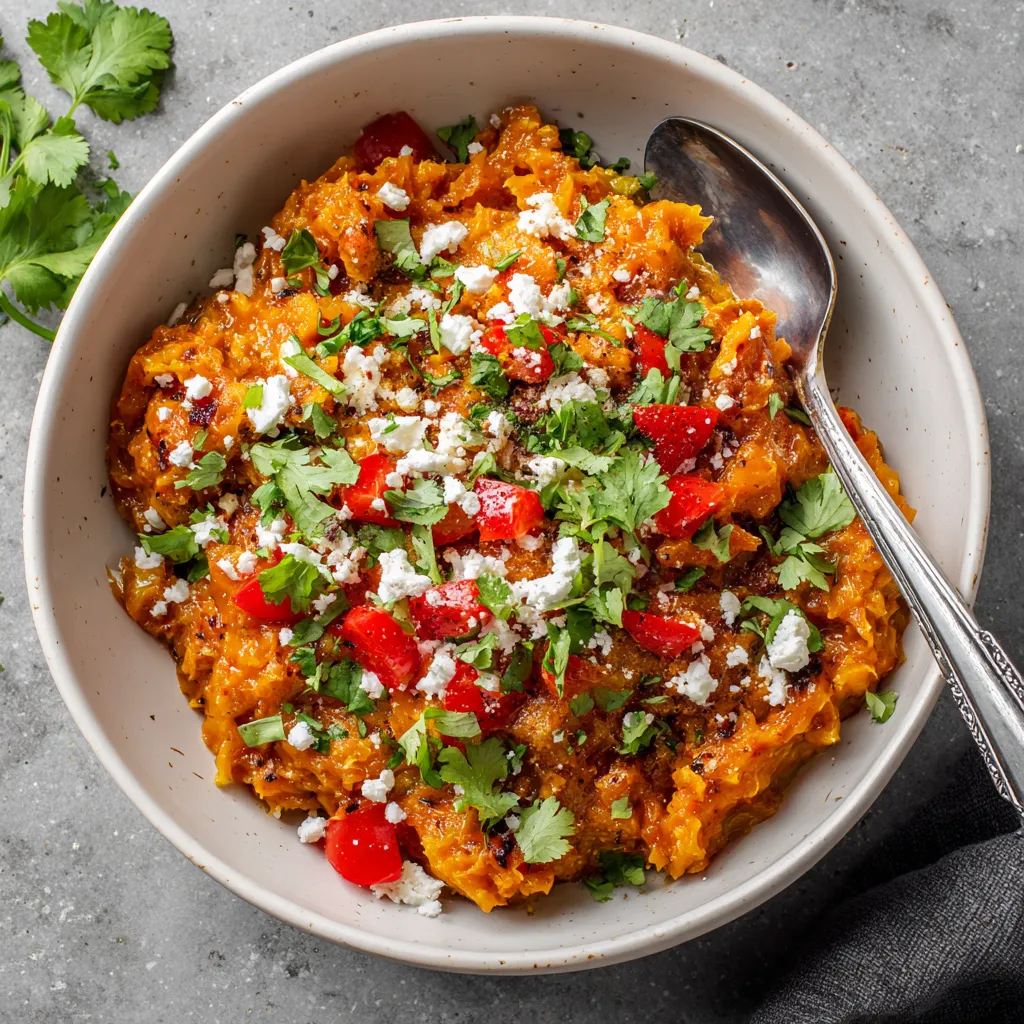 The rich orange hue of the spicy squash filling contrasts beautifully against the white of the serving bowl. The dish is garnished with vibrant splashes of red tomatoes, fresh sprinkles of green cilantro and creamy crumbled cotija cheese. A spoon rests invitingly to the side, ready to dig into the succulent feast.