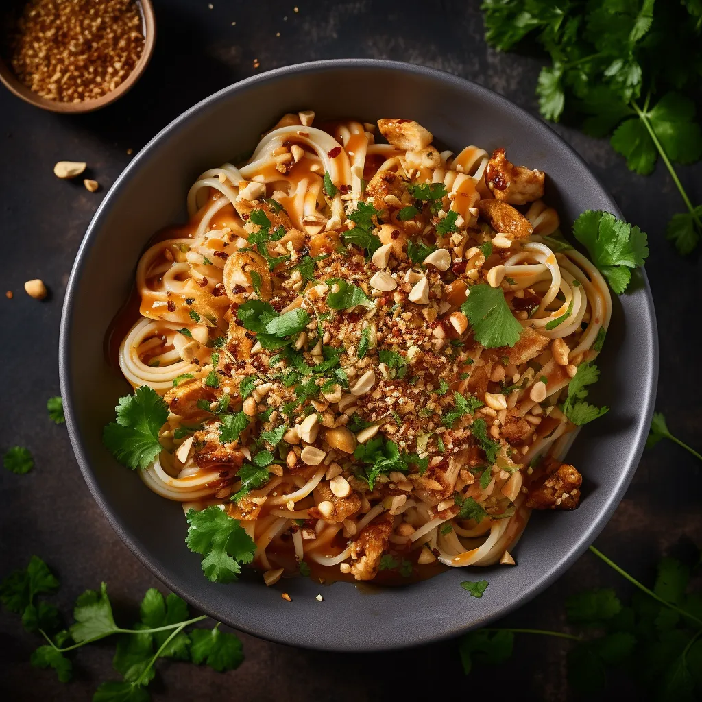 A bed of pasta coated in ruby-colored Sriracha Honey Sauce is topped with pieces of slick shiny chicory. The dish is beautifully garnished with a scattering of crushed peanuts and fresh sprigs of cilantro. A lime wedge sits at the side, ready to be squeezed over.