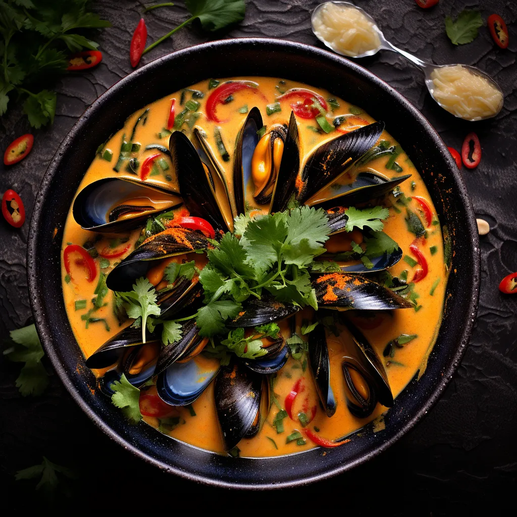 A generous serving of glossy black-shelled mussels peeking out from a coral-pink broth, garnished with verdant cilantro leaves and bright red chili slices. Shared among four earthenware bowls, emitting an appetizing warmth.