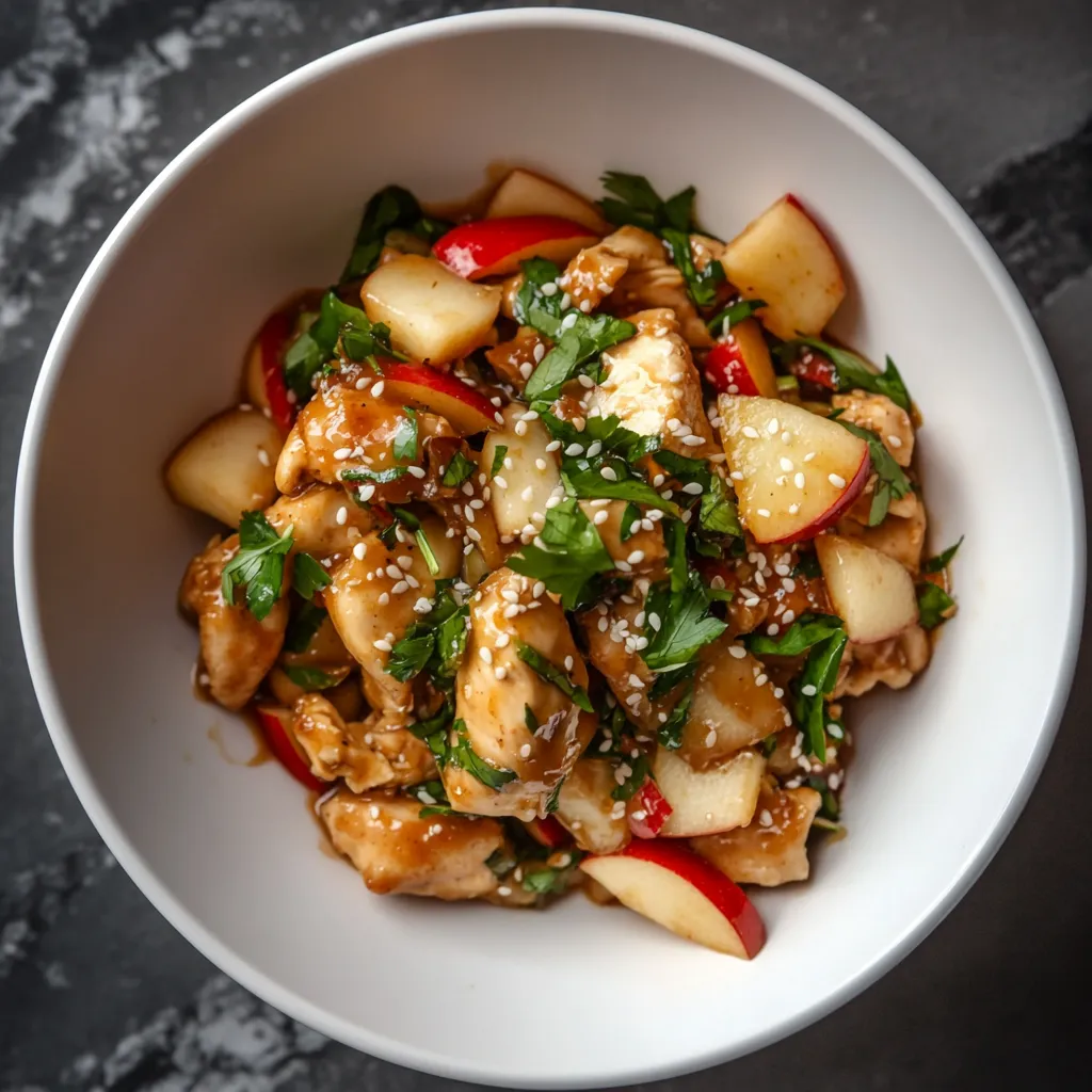 The garnet red bits of apple, golden-tinted chicken, and vibrant green of herbs stand out against a swirl of creamy peanut sauce. Sprinkle of snowy-white sesame seeds over top for a look that's as appealing to the eye as it is to the palate.