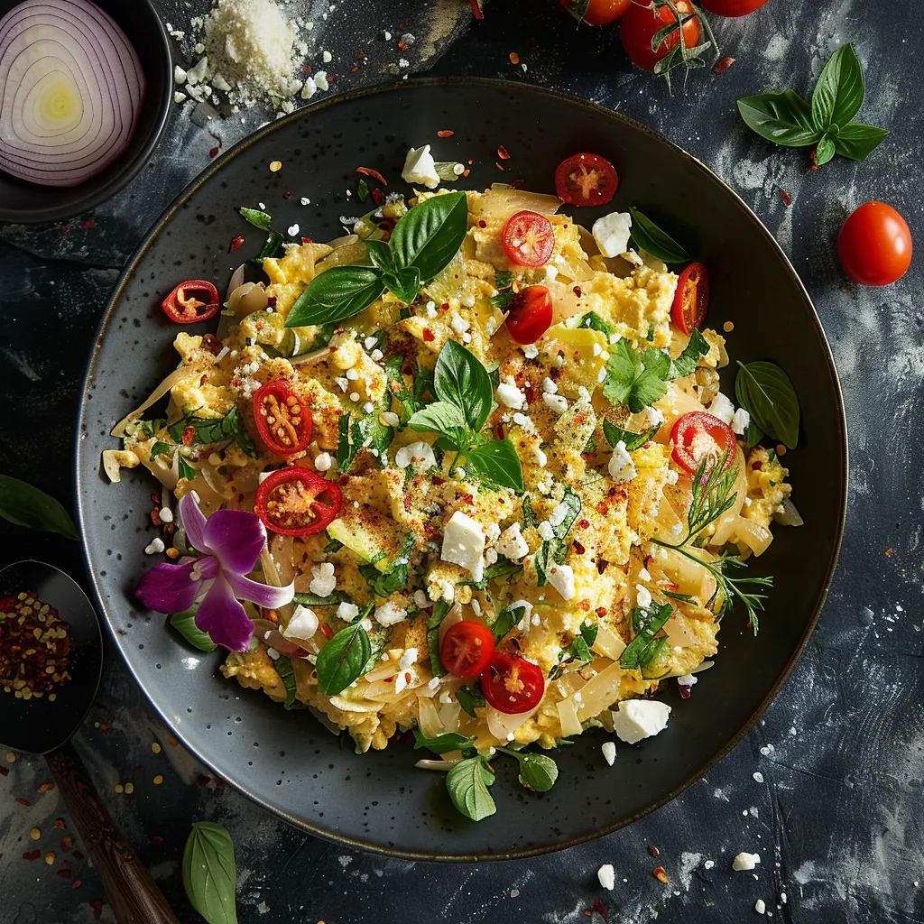 Golden scrambled eggs, flecked with green shreds of cabbage and vibrant chili peppers. Accented brilliantly with red cherry tomatoes, white crumbled feta and lilac onion flowers, setting a visually stunning brunch theatrics.
