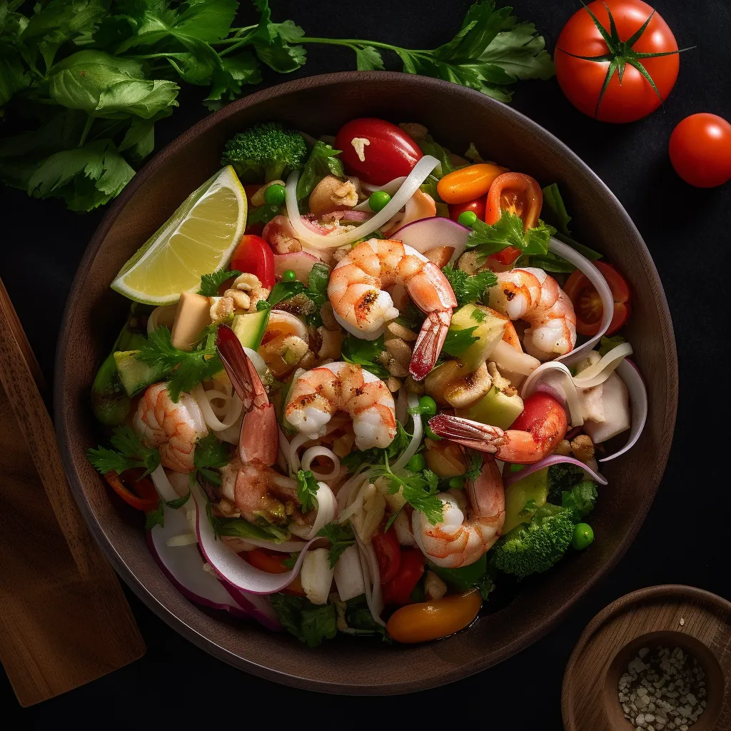 A colorful plate of tender shrimp and squid tossed with veggies, herbs and tangy dressing.