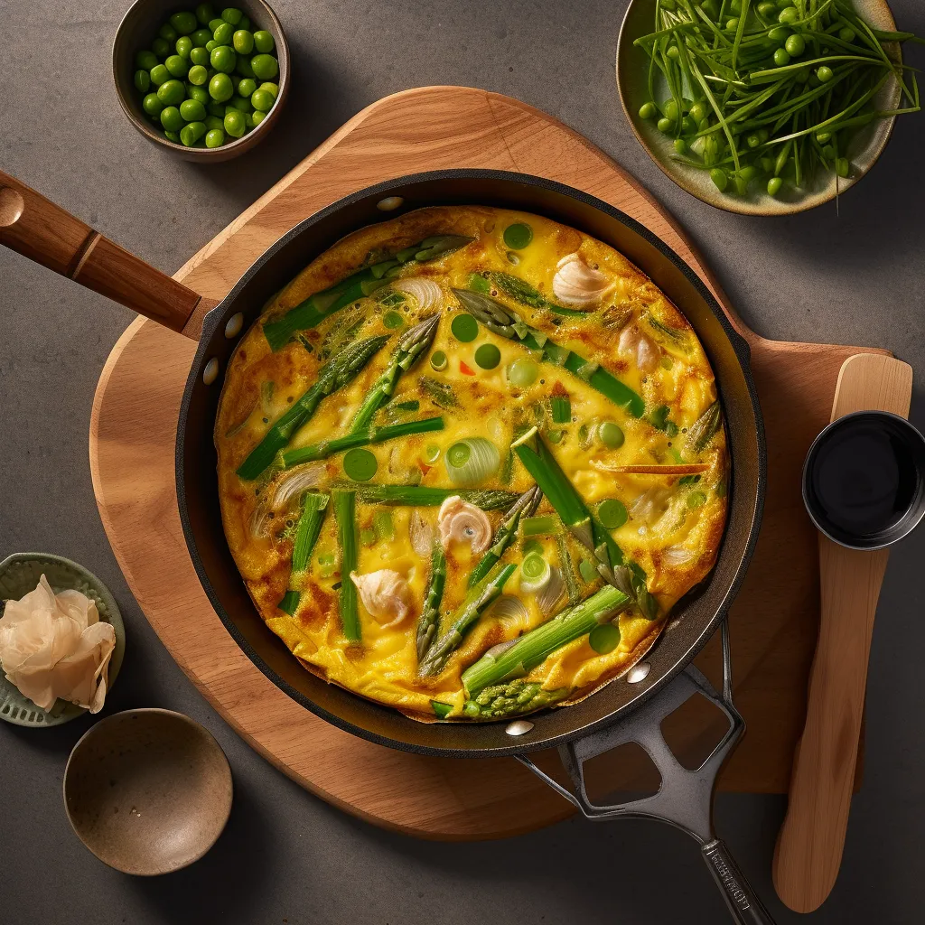 A golden, fluffy frittata topped with bright green asparagus and sugar snap peas, served with a side of toasted bread.