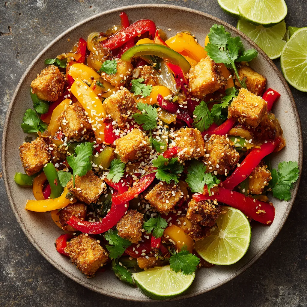A colourful plate bursting with red, yellow, and green bell peppers mixed with golden crispy tofu chunks. The dish is sprinkled with sesame seeds for a crunchy texture and garnished with fresh cilantro leaves for a pop of green. Lime wedges on the side add a vibrant yellow-green contrast.