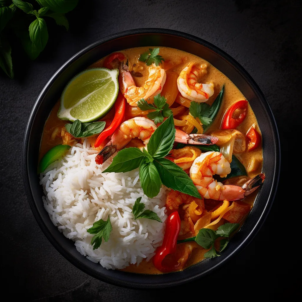 A creamy and aromatic shrimps and vegetable curry topped with fresh herbs and served with steaming hot jasmine rice.