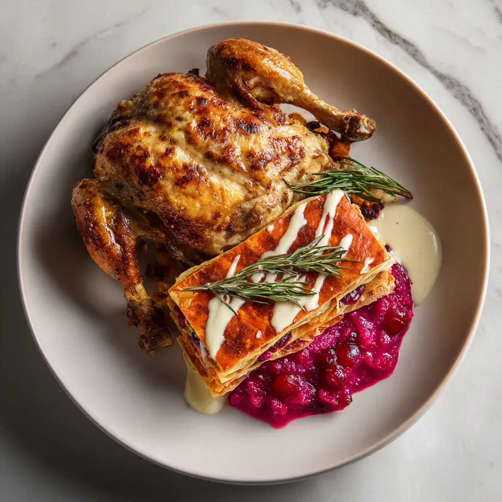 From overhead, the dish exudes warm tones of autumn with tender, golden brown Cornish hens crowning the plate. Adjacent, neat layers of Sweet Potato Mille Feuille peak through a creamy drizzle. The striking ruby red of the cranberry-apple stuffing brings a vibrant pop of color that promises a sweet-tart explosion.