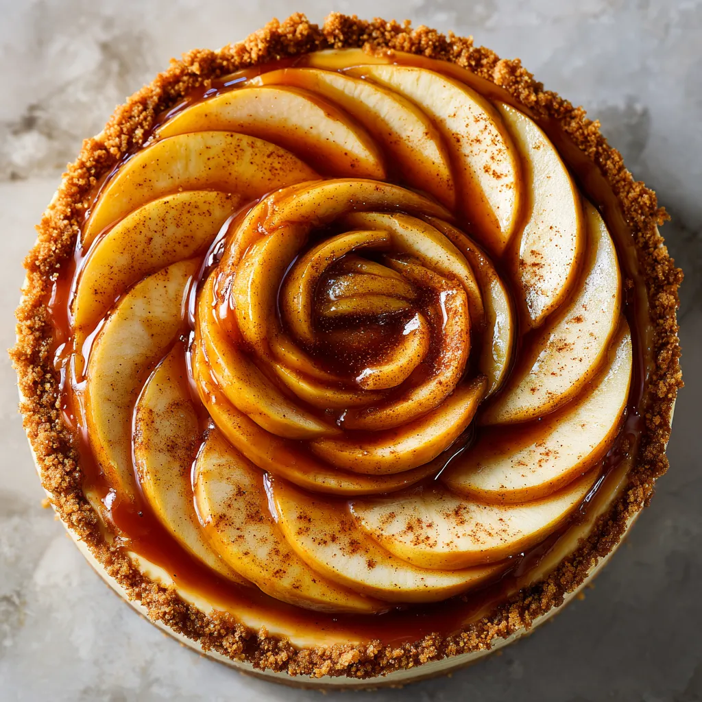 From the top, you see a glossy, caramel-glazed spiral of thinly sliced apples adorning a golden cheesecake. A sprinkle of cinnamon adds warmth to the color palette, complementing the crumbly graham cracker crust peaking out from the sides.