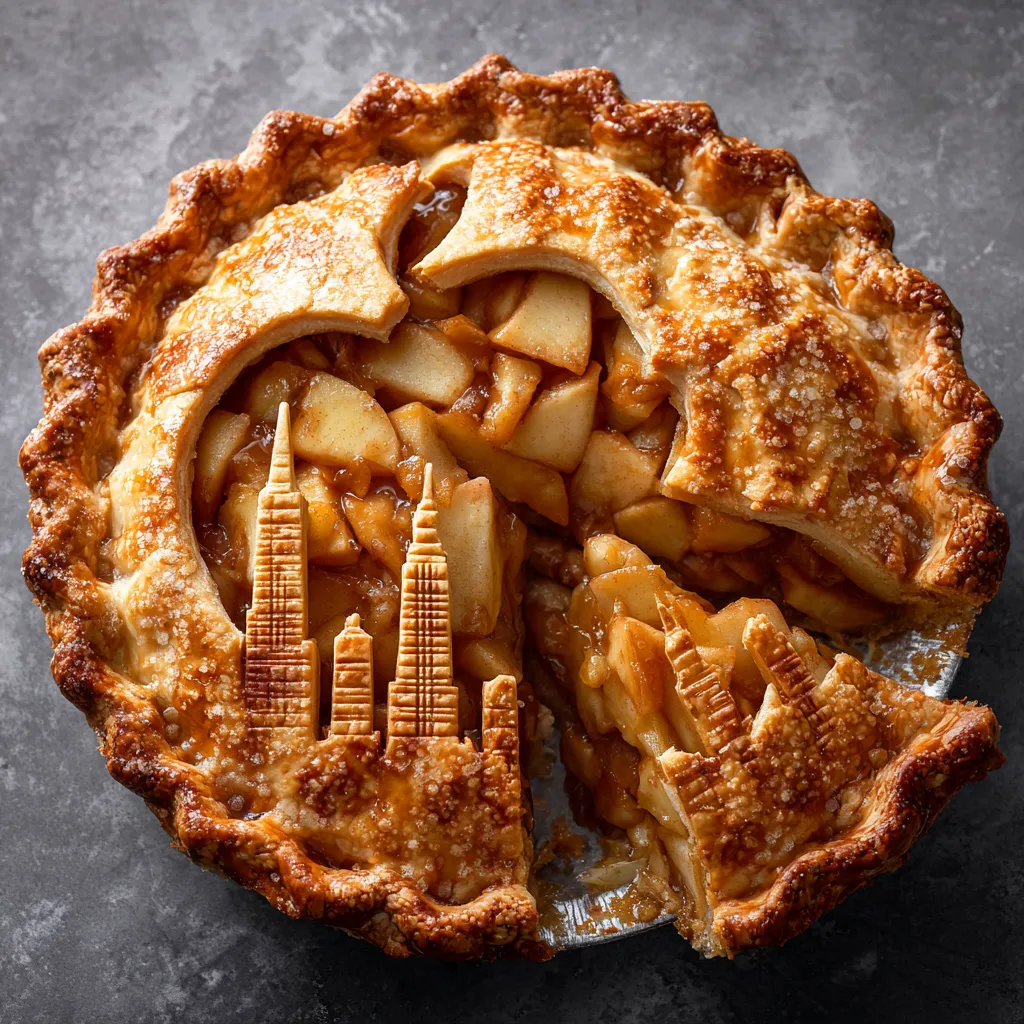 Looking at it from above, the crust is golden brown, meticulously cut-outs forming the NYC skyline and a big apple fill the top, giving a wonderful view to the glossy, caramelized golden apple filling within. It's a slice of New York on your plate!