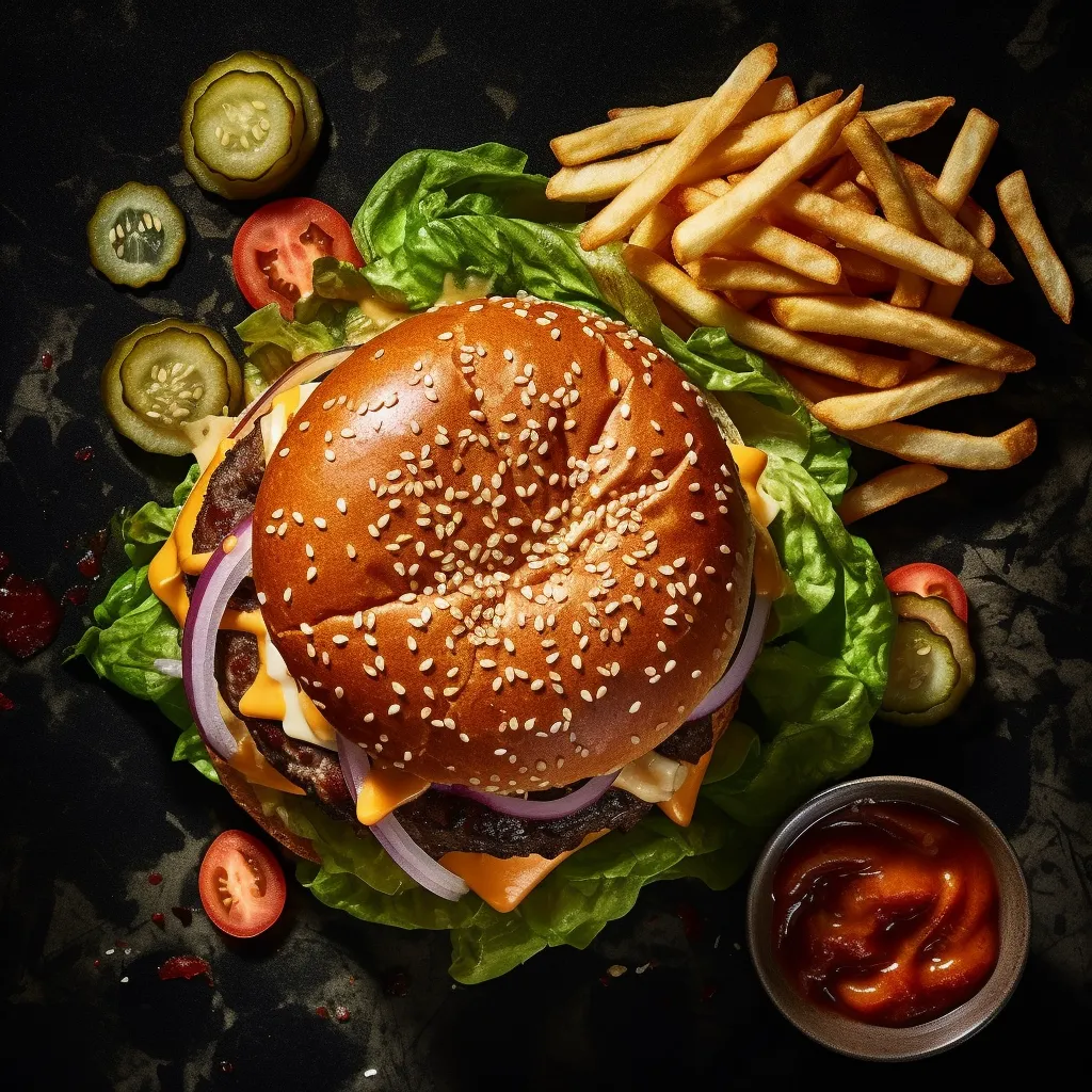 A towering hamburger with a perfectly cooked beef patty, topped with melted cheese, caramelized onions, crispy lettuce, ripe tomato slices, pickles, and a special sauce on a fluffy brioche bun. The burger is accompanied by a serving of crispy fries and a cold drink.