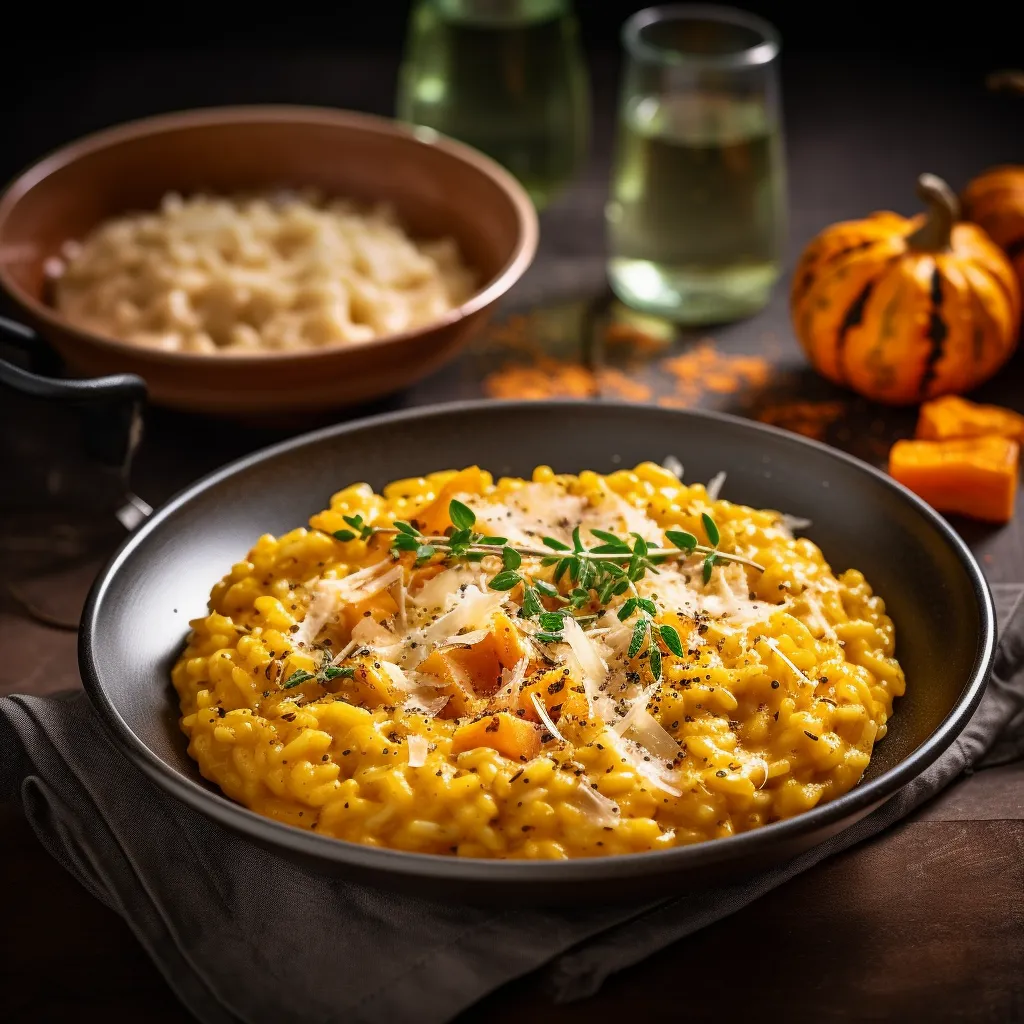 A creamy, golden risotto is majestically served in a deep white plate. Fluffs of Parmesan and sprigs of fresh thyme are artfully scattered on top. Splashes of olive oil reflect the light, and the charred pumpkin pieces give the dish its pop of color.