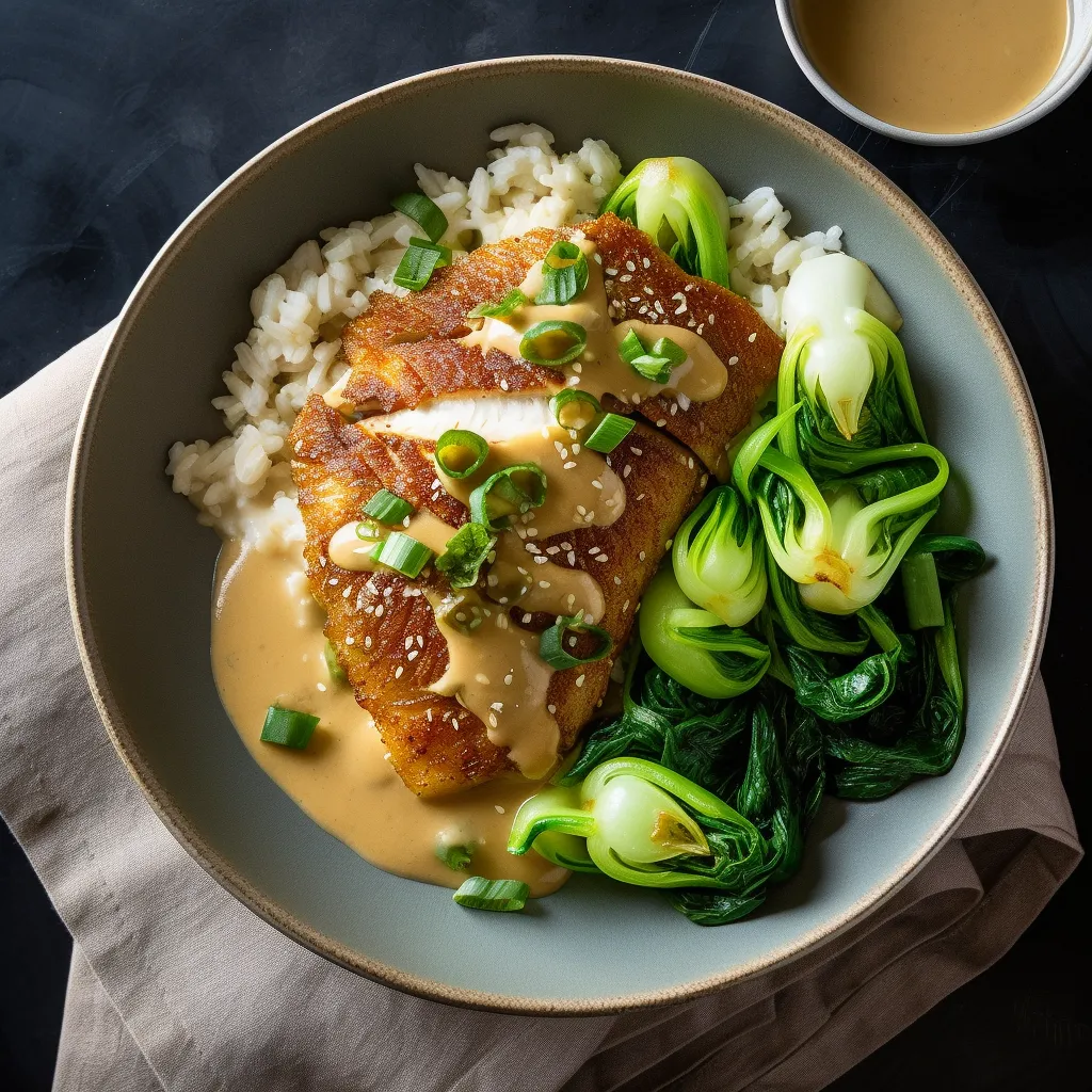 A perfectly seared tilapia fillet sits atop a bed of upside-down rice, surrounded by a pool of creamy white miso sauce. Juicy green bok choy provides freshness and crunch on the side.