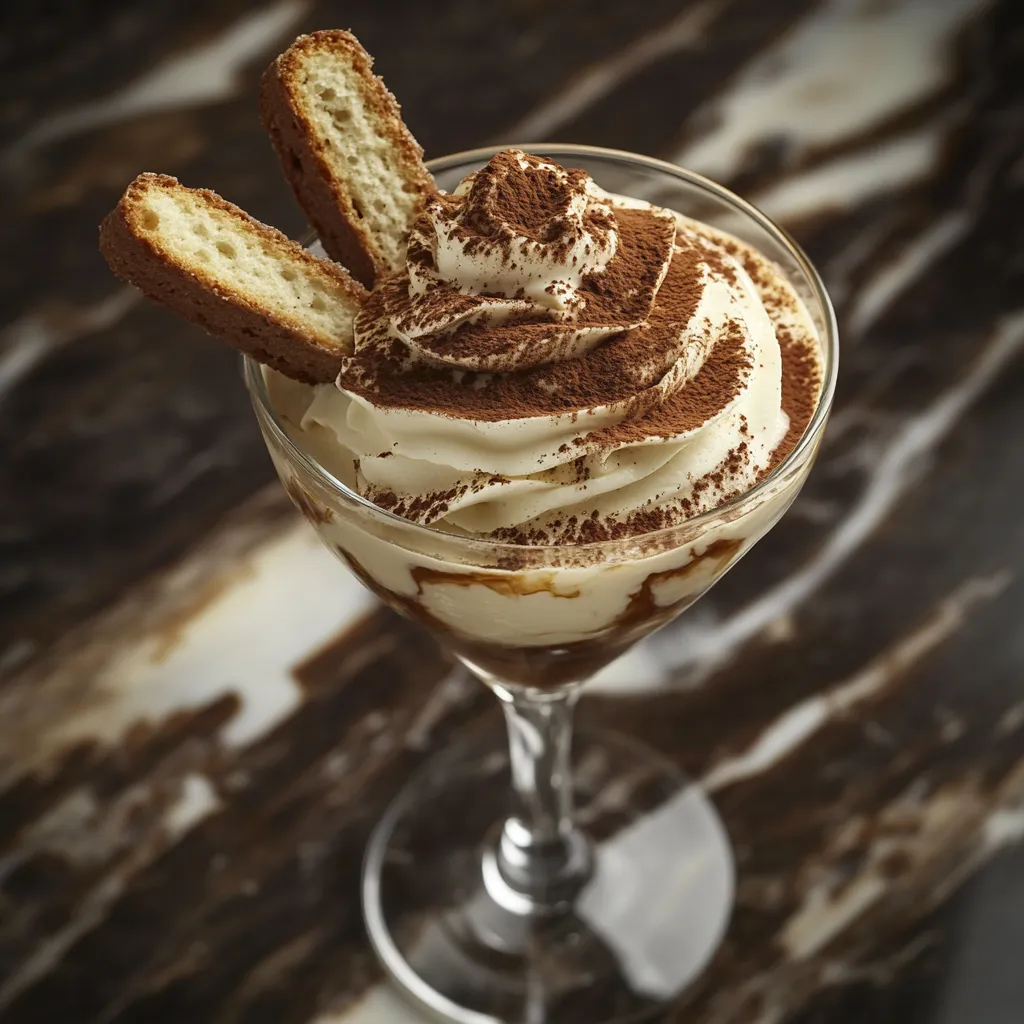 From above, the glass gleams with a seductive mix of colors as luscious cream layers settle with distinct boundaries against the glass' contour. Warm coffee shades medley with a dense white cloud of mascarpone and delicate dusting of cocoa. A single biscotti laid diagonally across the glass adds a visually intriguing crunch factor.