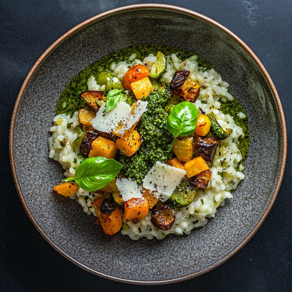 Steaming, creamy risotto plate, dotted with pieces of green tomatillos and mixed autumnal veggies. Finished with a swoop of basil pesto and shaved Parmesan, embodying a vibrant palette of earthy autumn colors.