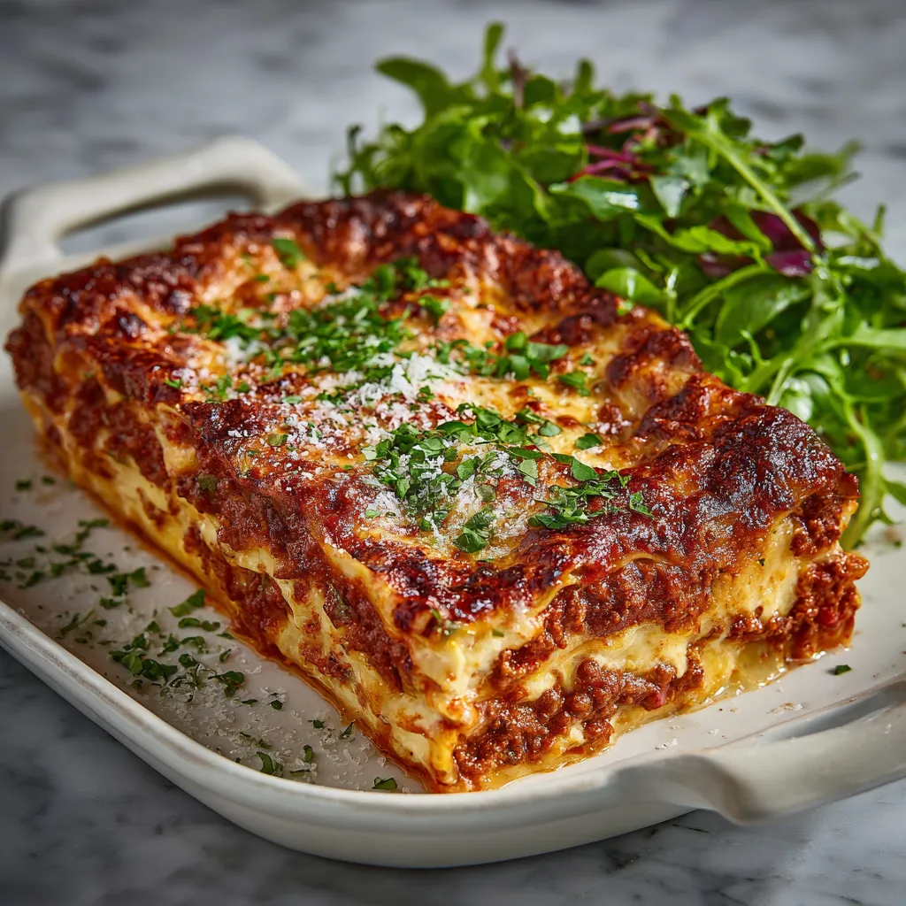 A rectangular casserole cloaked with a tantalizing golden-brown cheesy crust, inside which hides creamy layers of béchamel, ruby-red Bolognese sauce and green specks of chopped fresh basil. Served with a small pile of green salad and sprinkled with more Parmigiano-Reggiano on top.