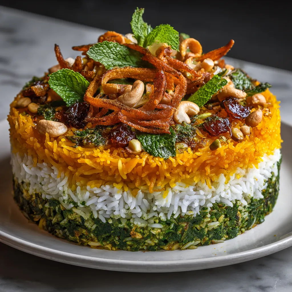 A glorious harmony of three distinct layers originating from a broad dish. The top layer, saffron rice with plumpy raisins, forms an orange vista. The middle layer, coconut milk infused rice creates a cloud-like white buffer. The bottom layer of green rice with coriander, peas, and mint provides a lush undercurrent. Finally, garnished with crispy golden onion slices, toasted cashews, and a sprinkle of fresh mint leaves creates a stunning plated masterpiece.