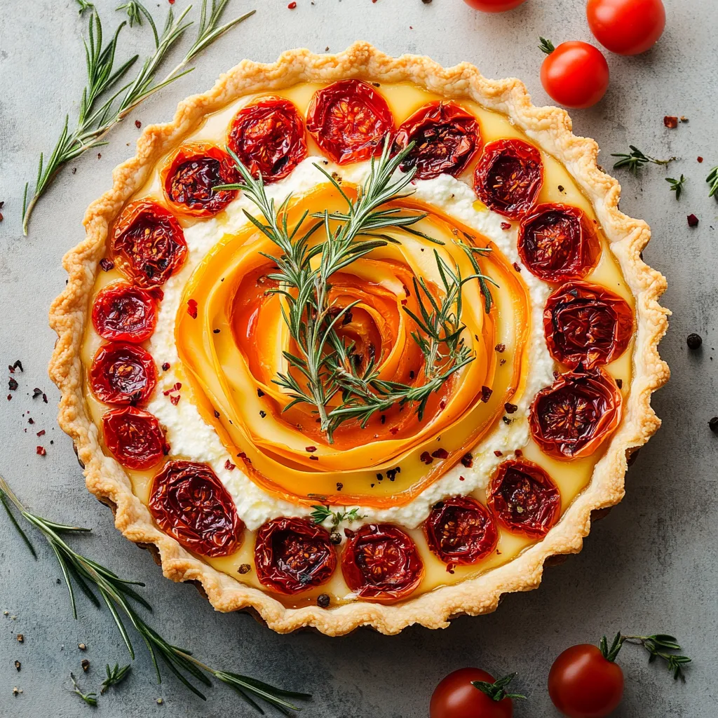 Layers of golden, flaky tart shell filled with distinctly colorful layers - white ricotta base, sun-dried tomato speckled orange cheddar mid, and a top layer of creamy, melting camembert adorned with fresh rosemary sprigs and garnished with vividly red cherry tomatoes on the vine.
