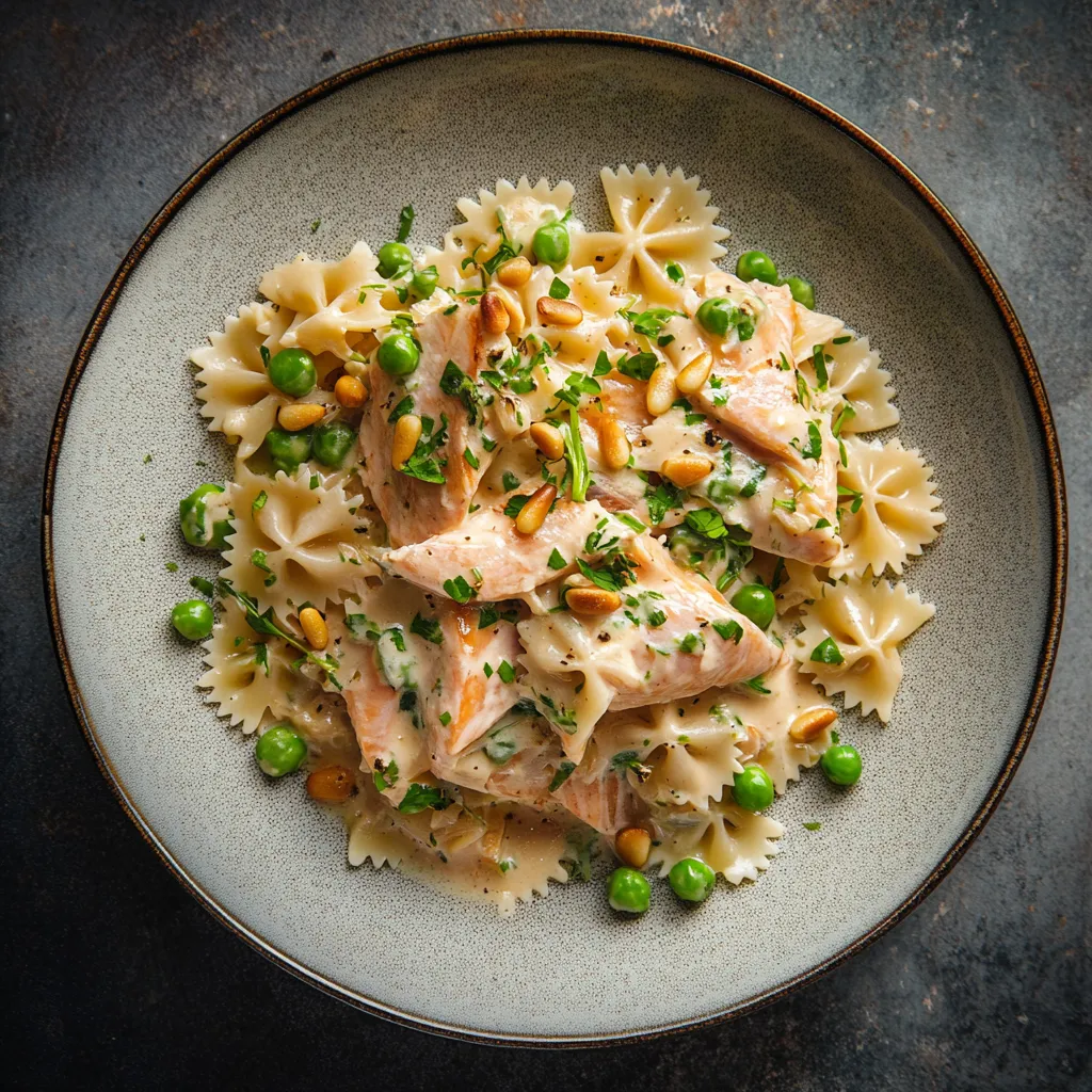 A plate beautifully set with farfalle pasta playfully intertwined with pieces of delicate, flaky trout. The pastel green of crunchy spring peas and slightly toasted pine nuts add a layer of brightness to the creamy sauce, speckled with aromatic herbs. Melty threads of Gruyère cheese garnished on top bring a seductive golden hue to the dish.