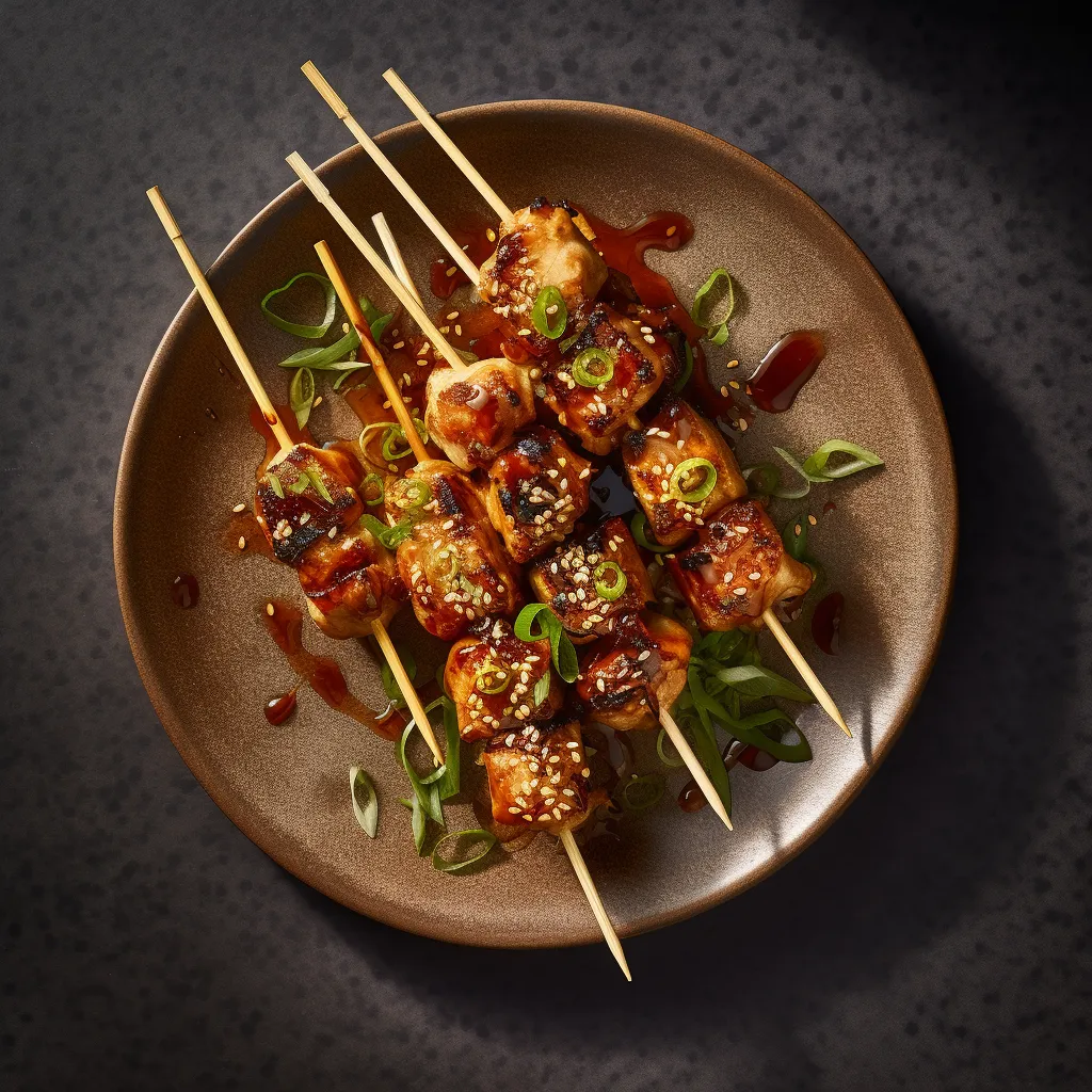 Skewered rice cakes with sesame seeds and scallions, glazed in a glistening sweet and spicy sauce.