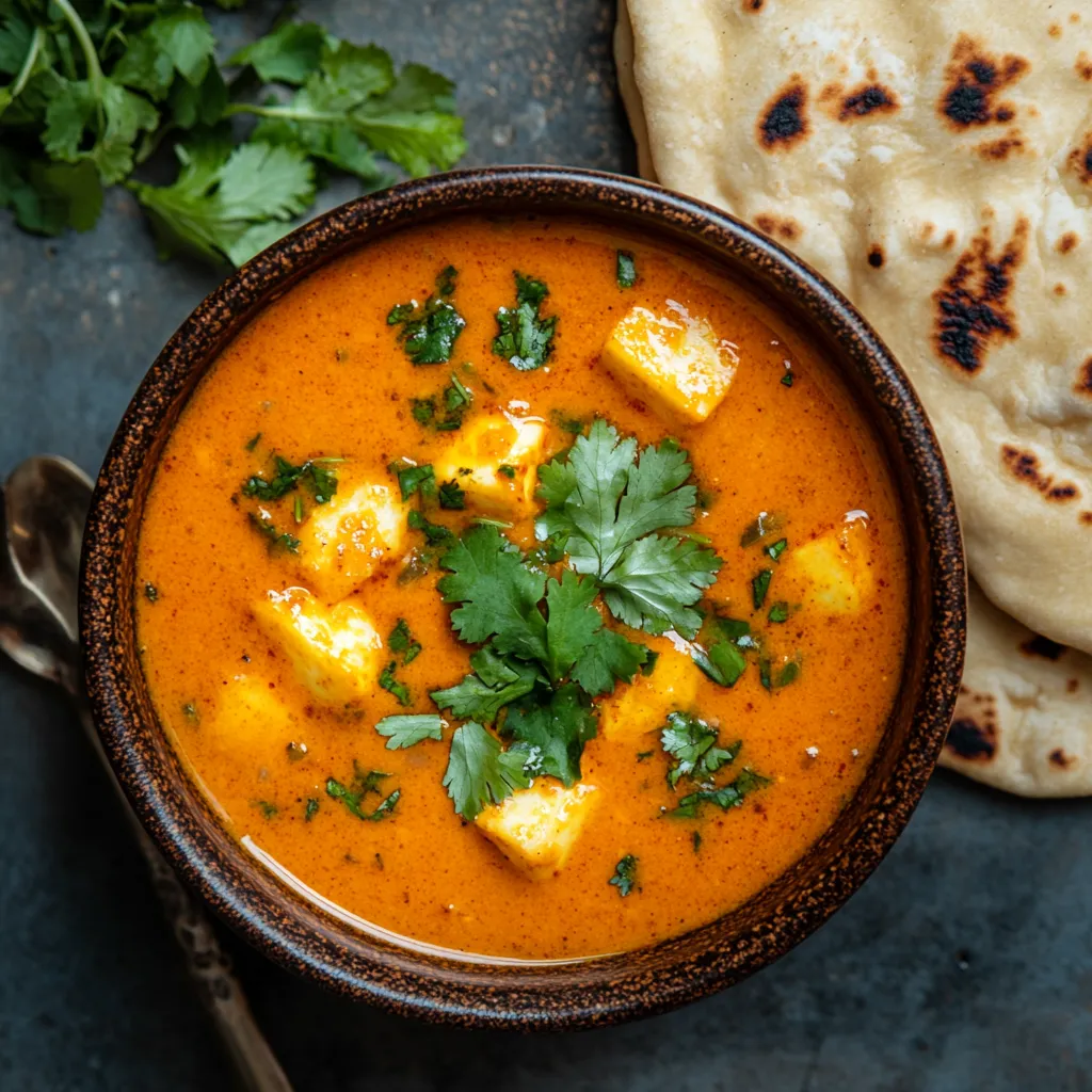 A warm and inviting deep orange soup, topped with bright green cilantro and served in an eye-catching earthenware bowl paired with a side of warm naan bread.