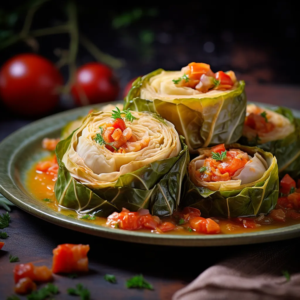 Imagine emerald cabbage parcels resting on a pearly plate. Within each leafy pocket, a vibrant seafood stew peeks out, a medley of shrimp, clams and scallops, generously punctuated with bright red cherry tomatoes and slices of zesty lemon. Fresh herbs and spices sprinkle over the dish like the very first snowfall of the season.