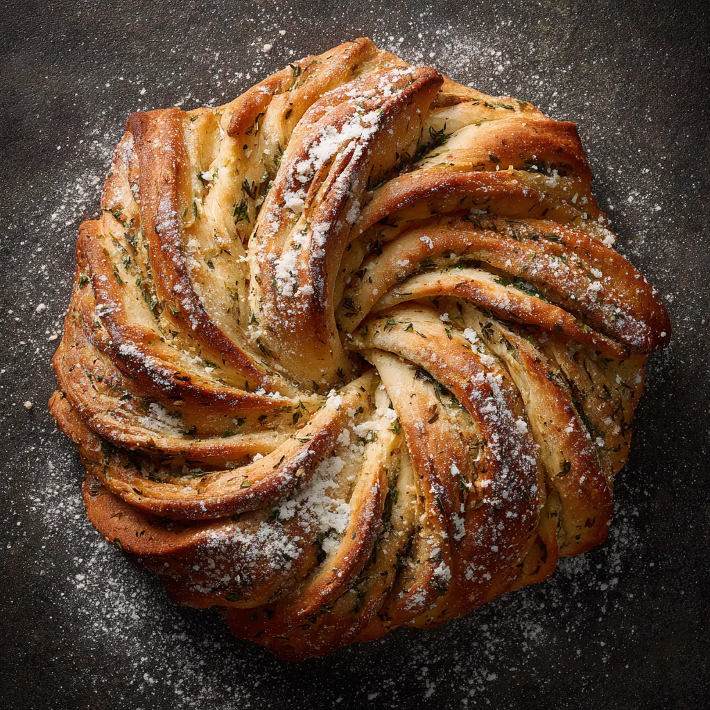 From the bird-eye view, the bread unravels like a spiral galaxy; the golden bakes, dusted with flour, glistens quietly. The layers subtly expose their charming olive emerald and thyme flecks. The edges are just crisp, and the bread resonates a rustic elegance.