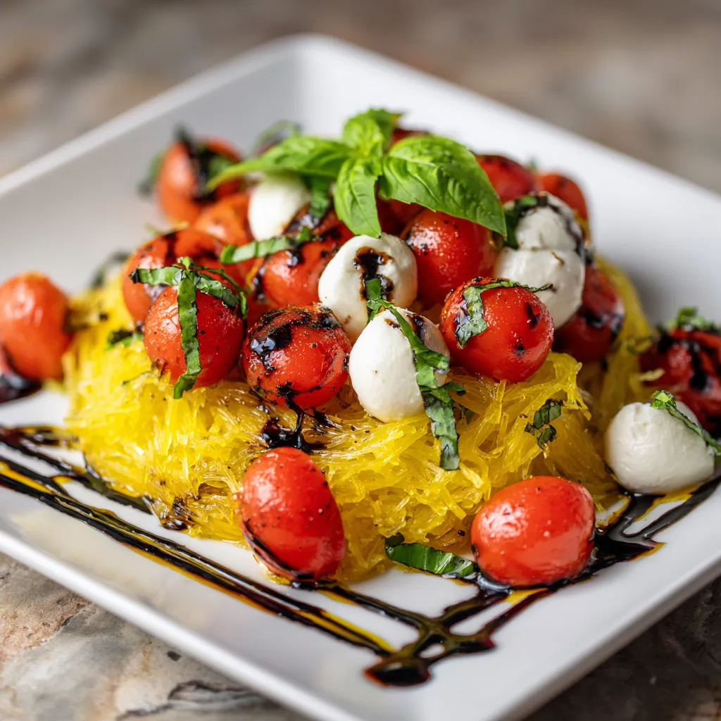 The plated dish radiates calm summery vibes with bright yellow strands of spaghetti squash forming a nest, glossed with the creamy butternut pesto. Scattered above are juicy red cherry tomatoes and vibrant green basil leaves, punctuated by white mozzarella pearls. A drizzle of balsamic reduction draws dark, captivating lines across the plate.