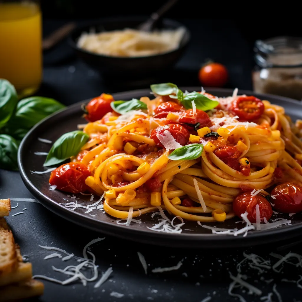 A swirl of golden, uneven fettuccine noodles frame a pop of bright red tomato sauce. Specks of charred corn and curls of freshly torn basil leaves peek through. A dusting of grated Parmesan gives this the picture-perfect finish, while a toasted slice of artisanal bread adds textural contrast.