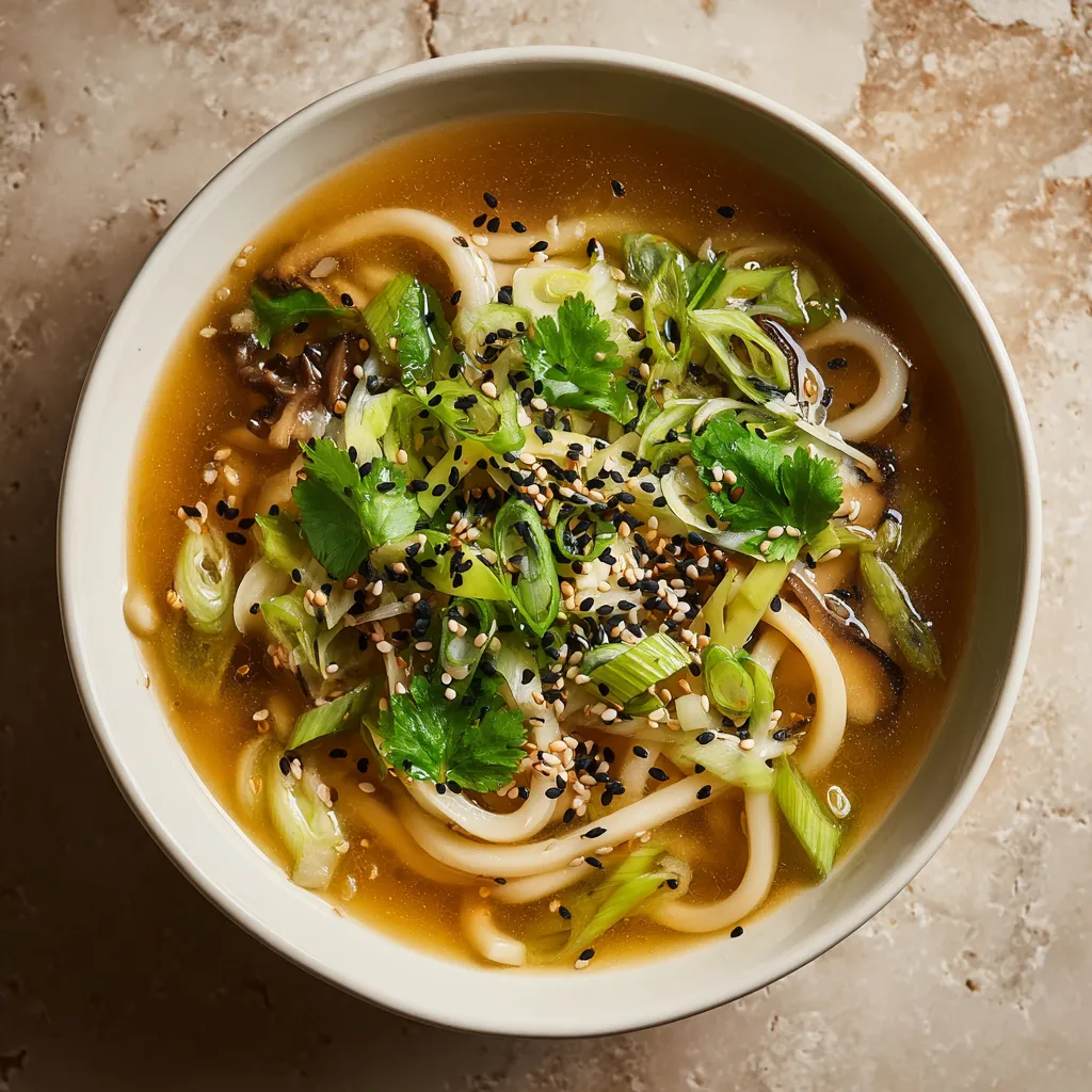 A deep, white bowl is filled with glossy udon noodles, submerged in a warm, golden broth that sparkles under light. Thin, floaty strips of leeks and shredded shiitake mushrooms add delightful texture, while bright green sprigs of cilantro along with sprinkles of black and white sesame seeds on top bring an explosion of colors.