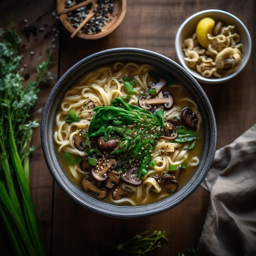 Thick udon noodles coated in a savory broth with tender mushrooms and winter greens, sprinkled with sesame seeds and scallions.