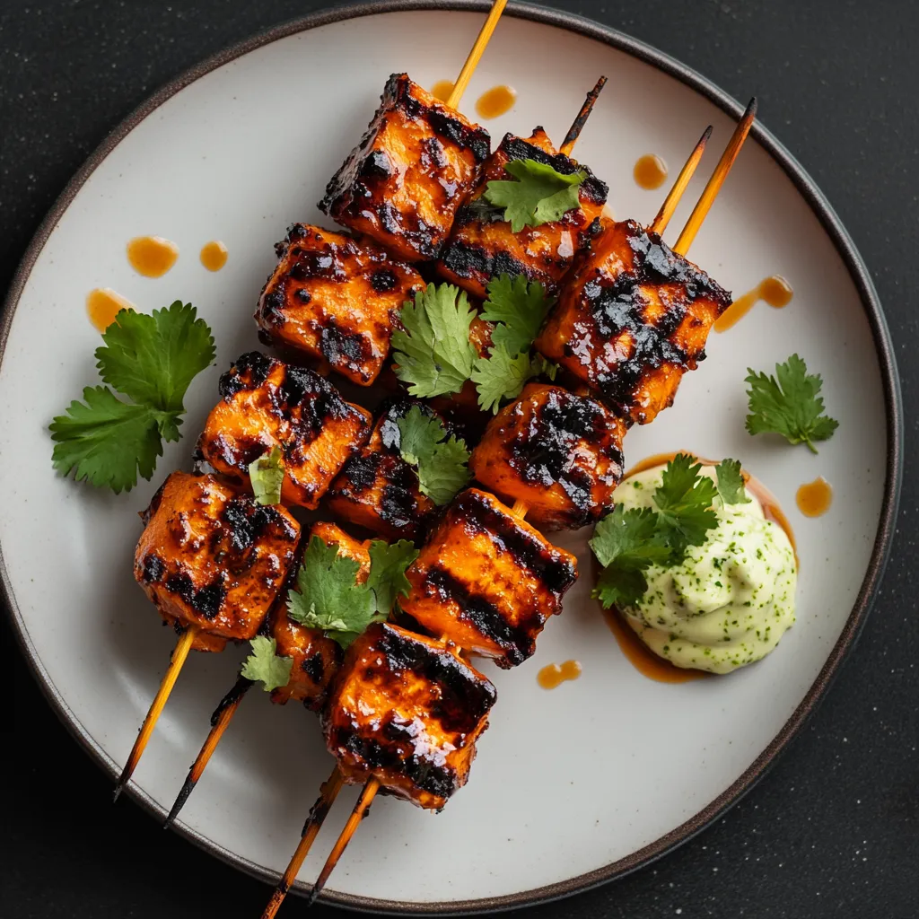 Glistening skewers stacked diagonally across a minimalist plate, their orange hue popping against the plate's monochrome. Wavy cuts on skewers enhance char marks. Emerald sprigs of cilantro add contrast. Droplets of glaze dot the rim, and a swirl of wasabi mayo is placed at one corner.