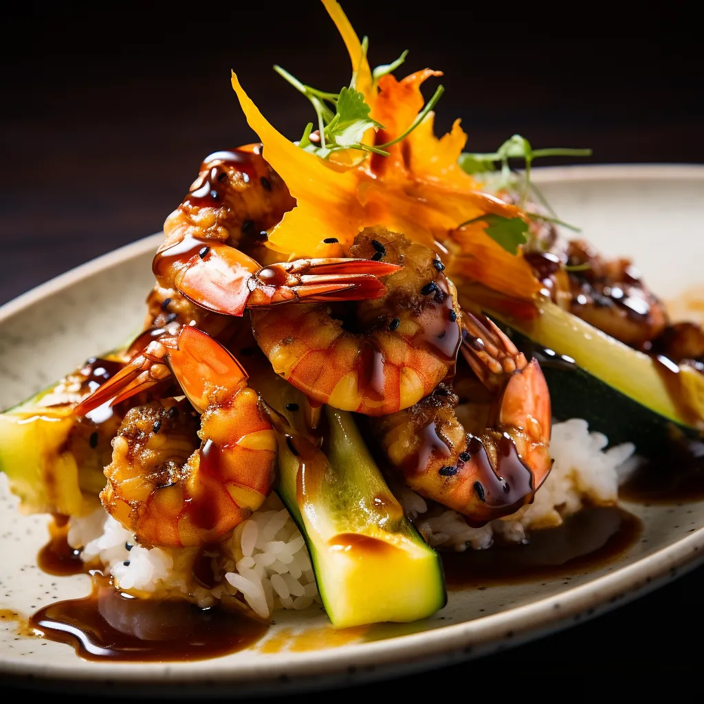 Succulent shrimp beautifully caramelized with a glaze mimic the enticing texture of unagi, arranged on a bed of crispy tempura veggies. Golden yellow, orange, and green colors contrast against the soft, inviting white of the Japanese rice. The dish is completed by light drizzles of plum wine sauce, which add a gleaming touch and subtle dashes of color. On the side, garnished with a sprig of fresh mint, is a small dish of extra plum wine sauce, inviting you to indulge.