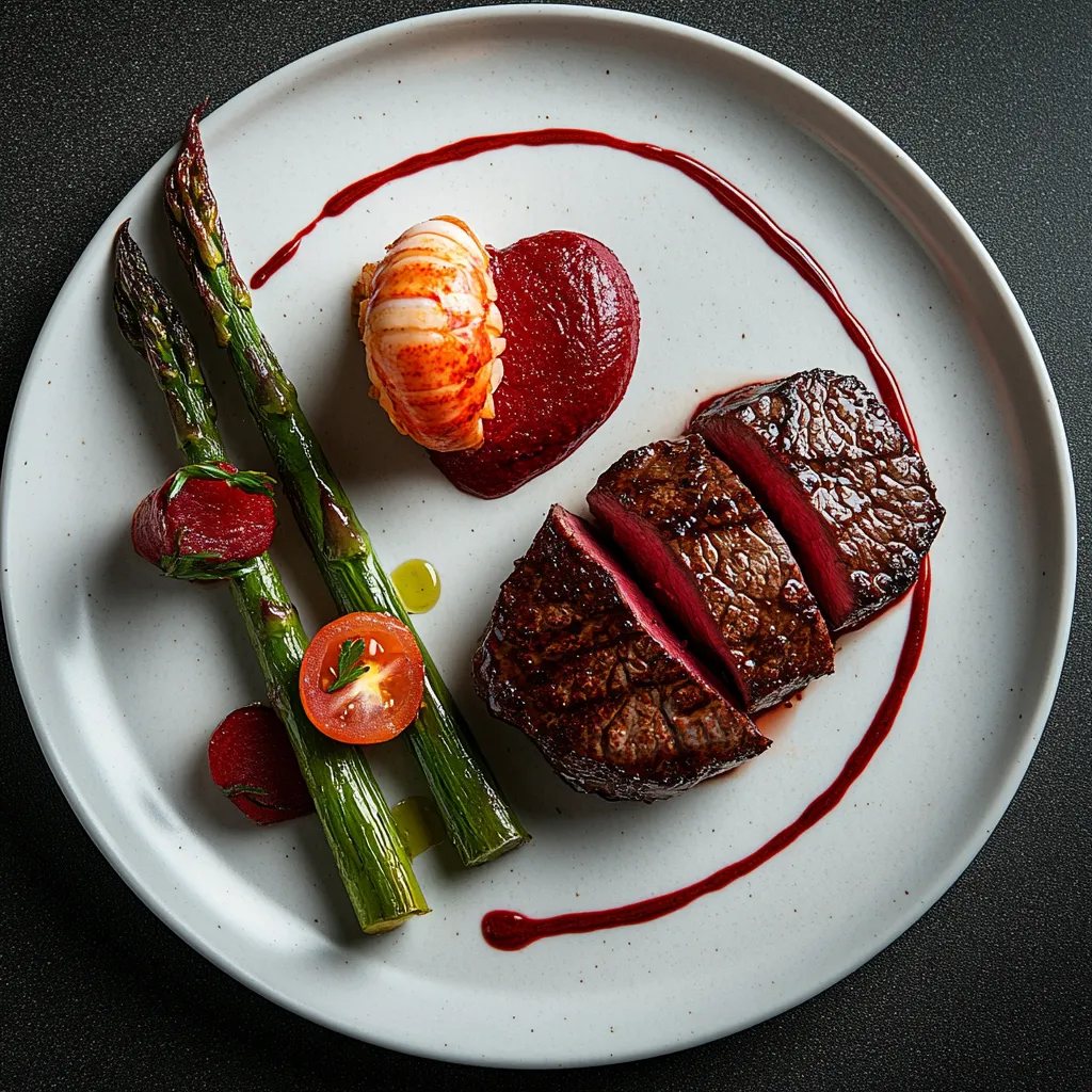 Viewed from above, the plate champions an artfully seared, tender beef fillet and glistening lobster tail, both resting on a bed of greens. The mise-en-scène is enriched by two symmetrical towers of green asparagus, standing erect at opposite ends of the plate, bound by tender vine tomatoes. Between the protein duo lies a velvety, heart-shaped beetroot puree, its deep red color radiating against the soft white plating.